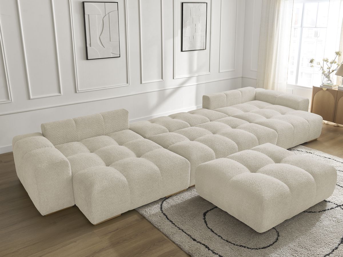 Bobochic Anakin Wohnlandschaft mit Pouf, Liegefläche 137 × 382 cm, 10 Kissen Bouclé-Stoff Beige