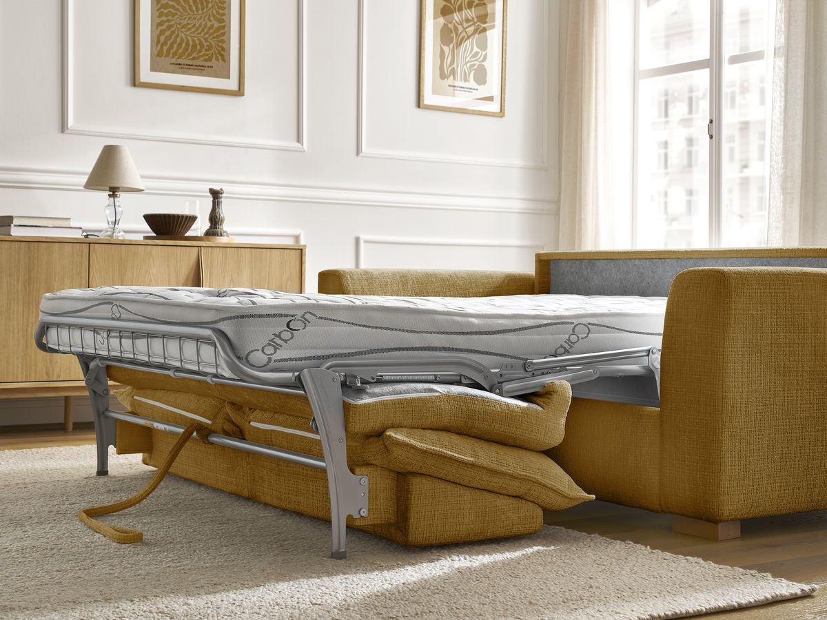 Bobochic Augustin Schlafsofa 3-Sitzer Strukturstoff Gelb, Liegefläche 160 × 200 cm