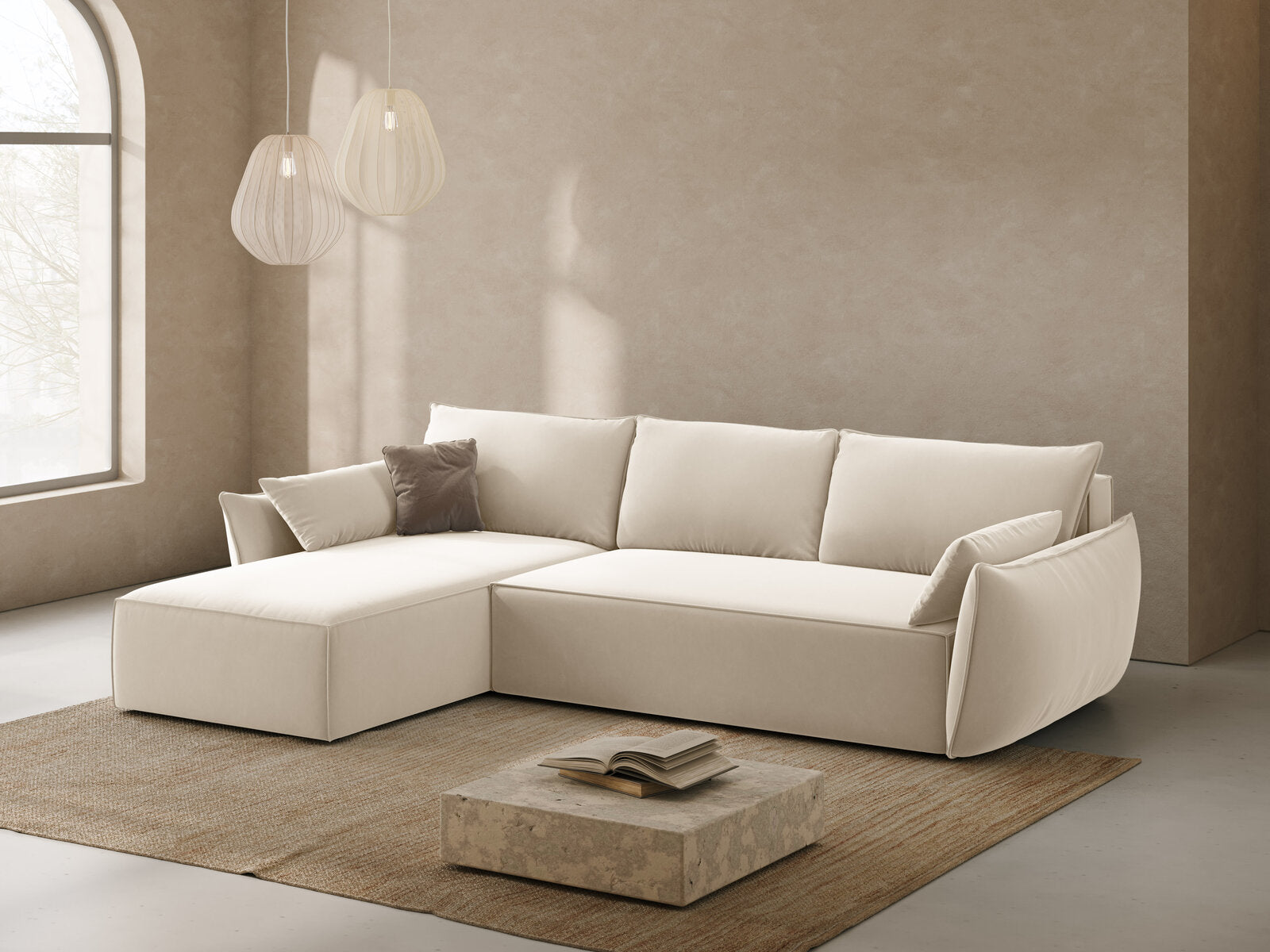 Micadoni Kaelle Ecksofa mit Bettfunktion und Stauraum Links Samt Bluvel Helles Beige