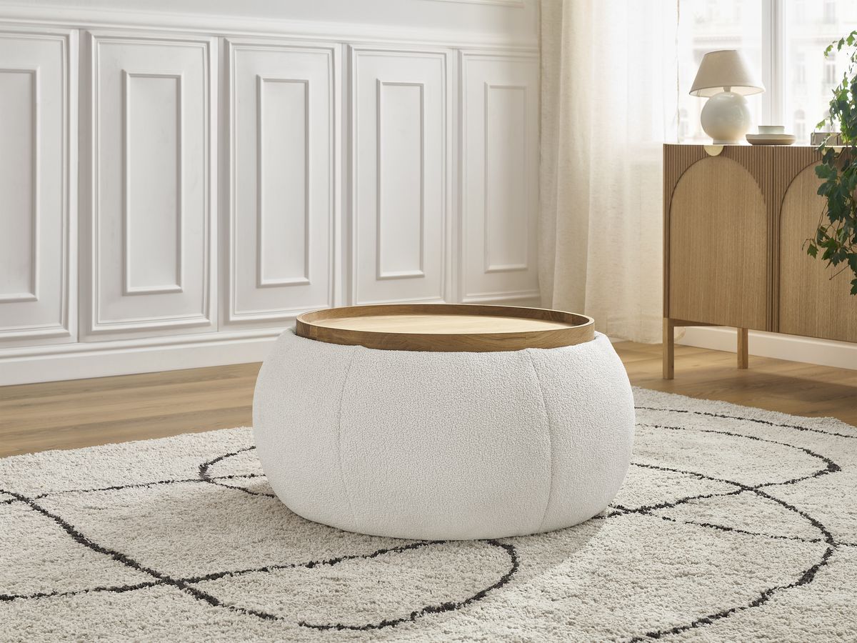Bobochic Hayden Pouf mit Tablett, rund Bouclé-Stoff Weiß, 77 cm