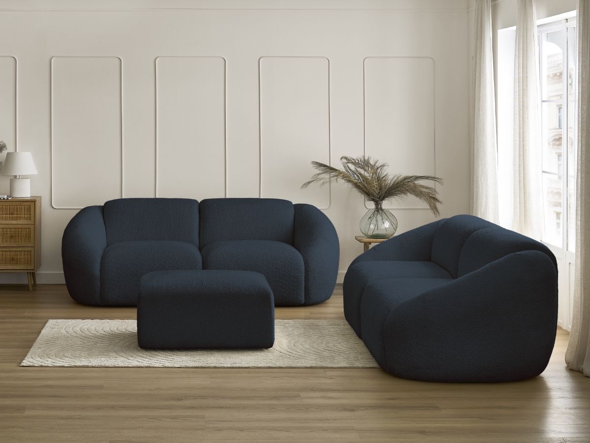 Bobochic Tina Sofa 6-Sitzer mit Pouf Bouclé-Stoff Dunkelblau