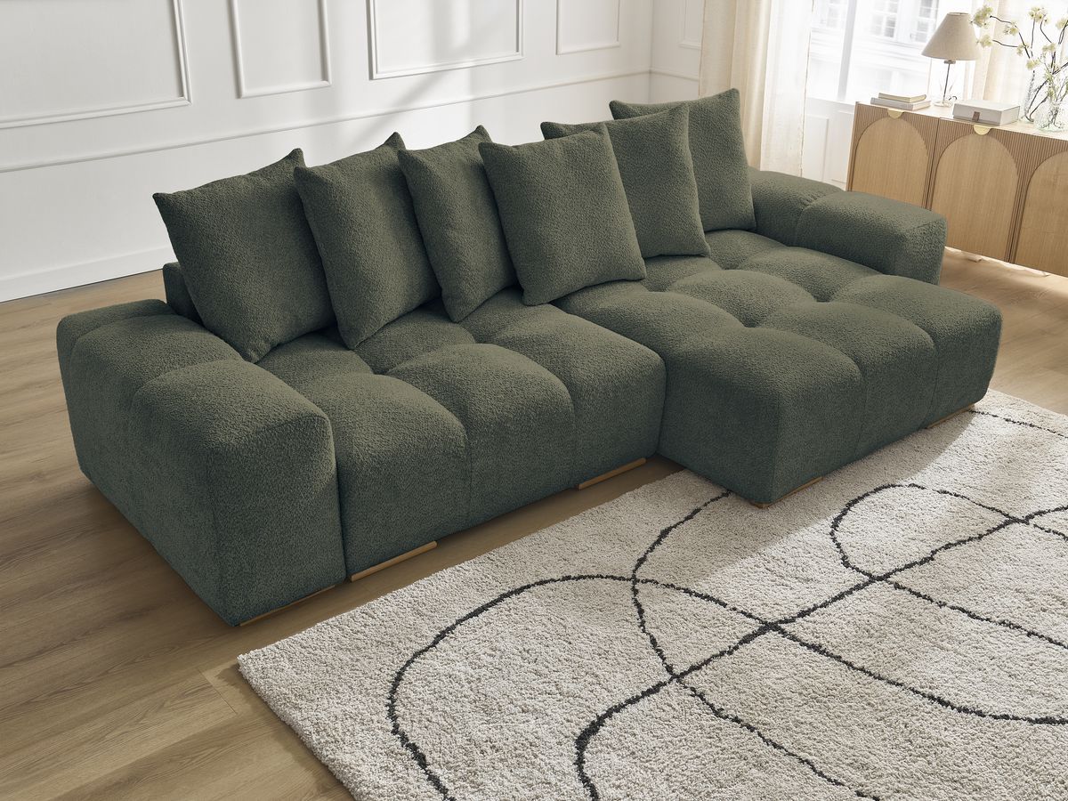 Bobochic Anakin Ecksofa, 6 Kissen Bouclé-Stoff Grün