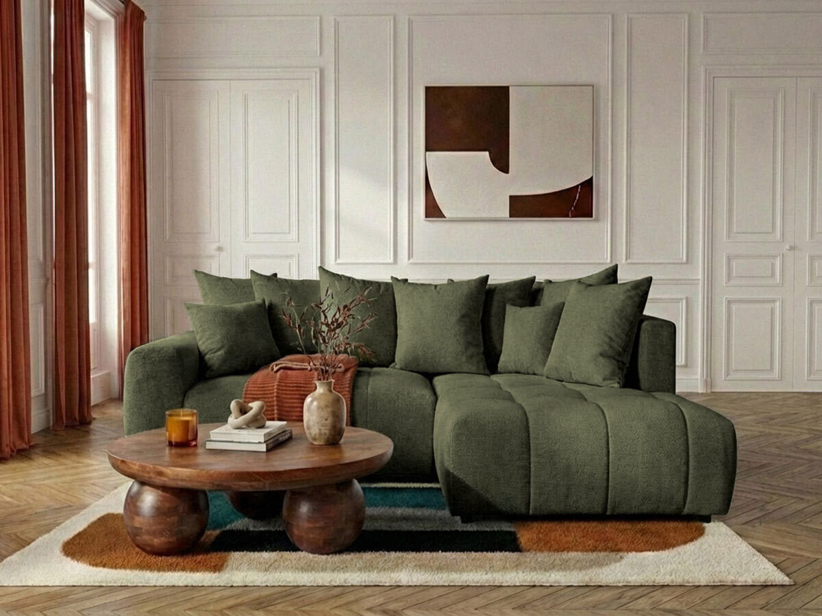 Bobochic Roxelane Ecksofa mit Schlaffunktion und Bettkasten Melange-Stoff Grün Ecke rechts