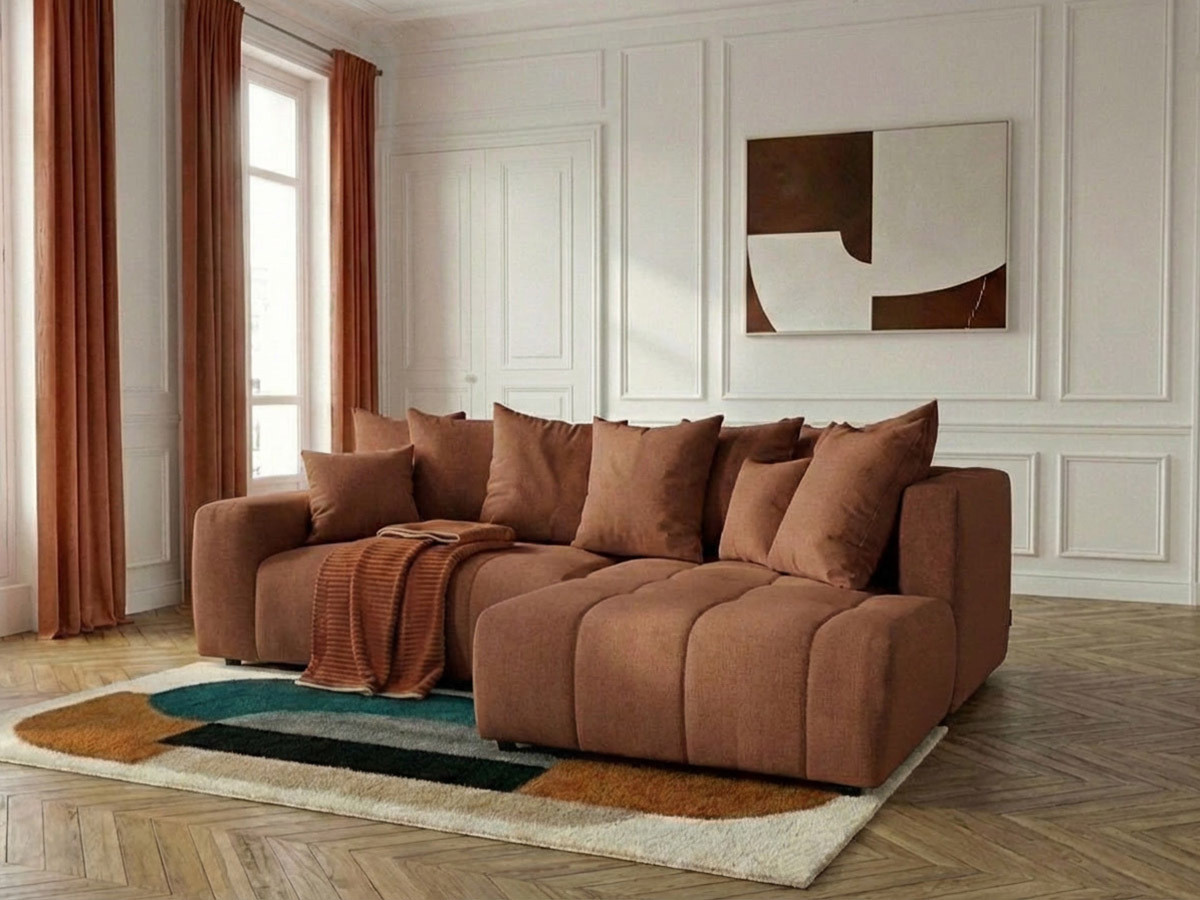 Bobochic Roxelane Ecksofa mit Schlaffunktion und Bettkasten Melange-Stoff Orange Ecke rechts