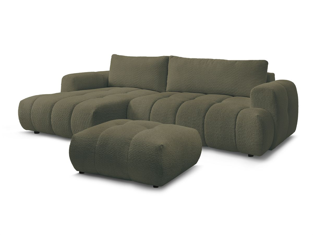 Bobochic Fuji Ecksofa mit Schlaffunktion und Bettkasten und Pouf 292 × 160 cm Bouclé-Stoff Grün Ecke links