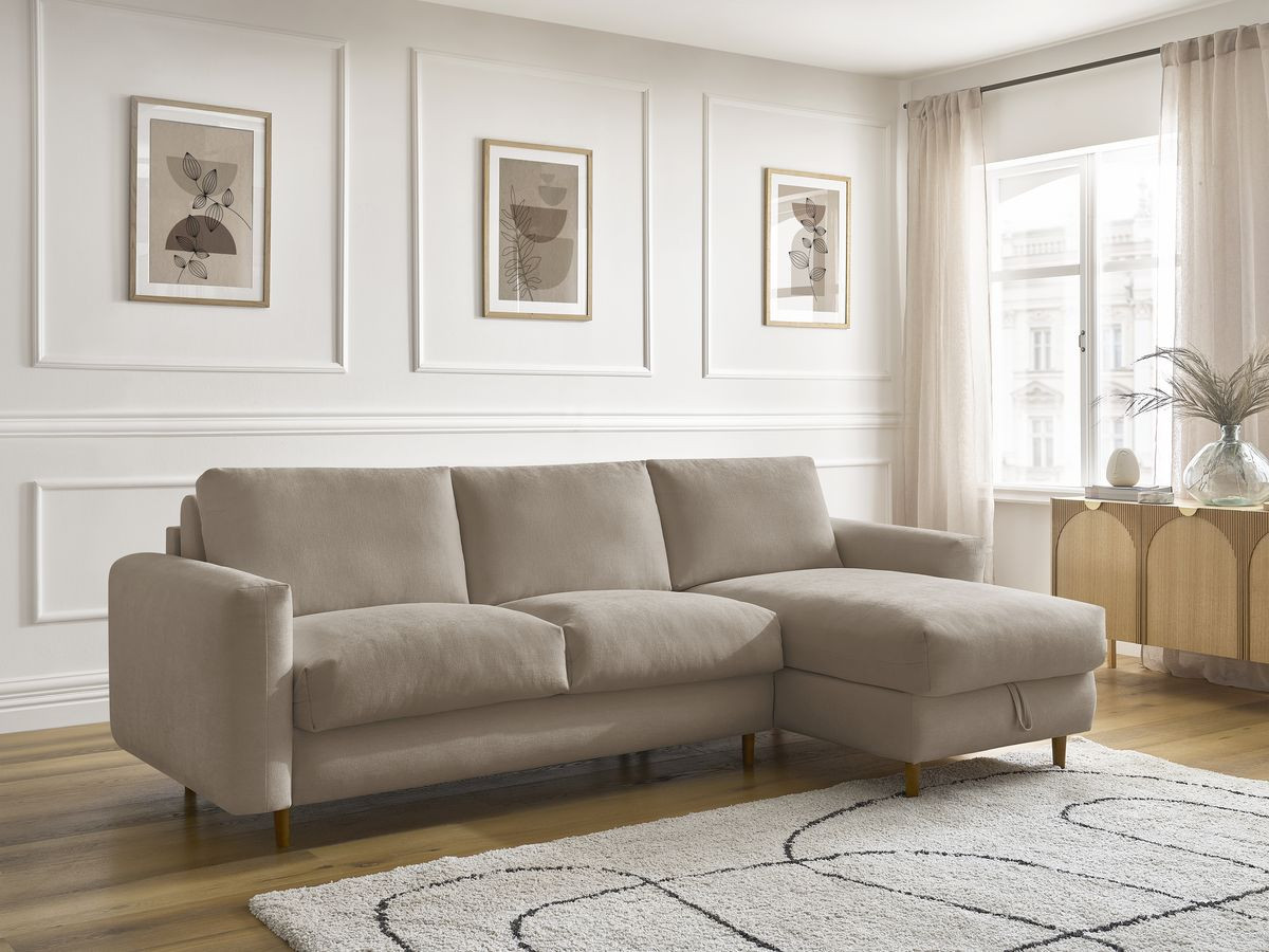 Bobochic Cocoone Ecksofa mit Schlaffunktion und Bettkasten Stoff Taupe, Liegefläche 140 × 200 cm