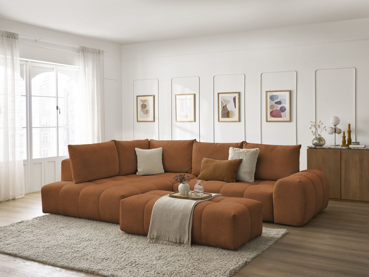 Bobochic Everest Ecksofa mit Schlaffunktion und Bettkasten und Pouf 320 × 212 cm, 5 Kissen Melange-Stoff Orange Ecke links