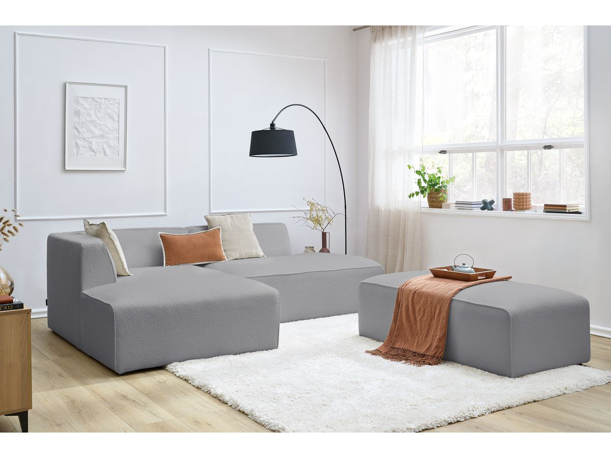Bobochic Megeve Ecksofa mit Schlaffunktion und Pouf Bouclé-Stoff Hellgrau Ecke links