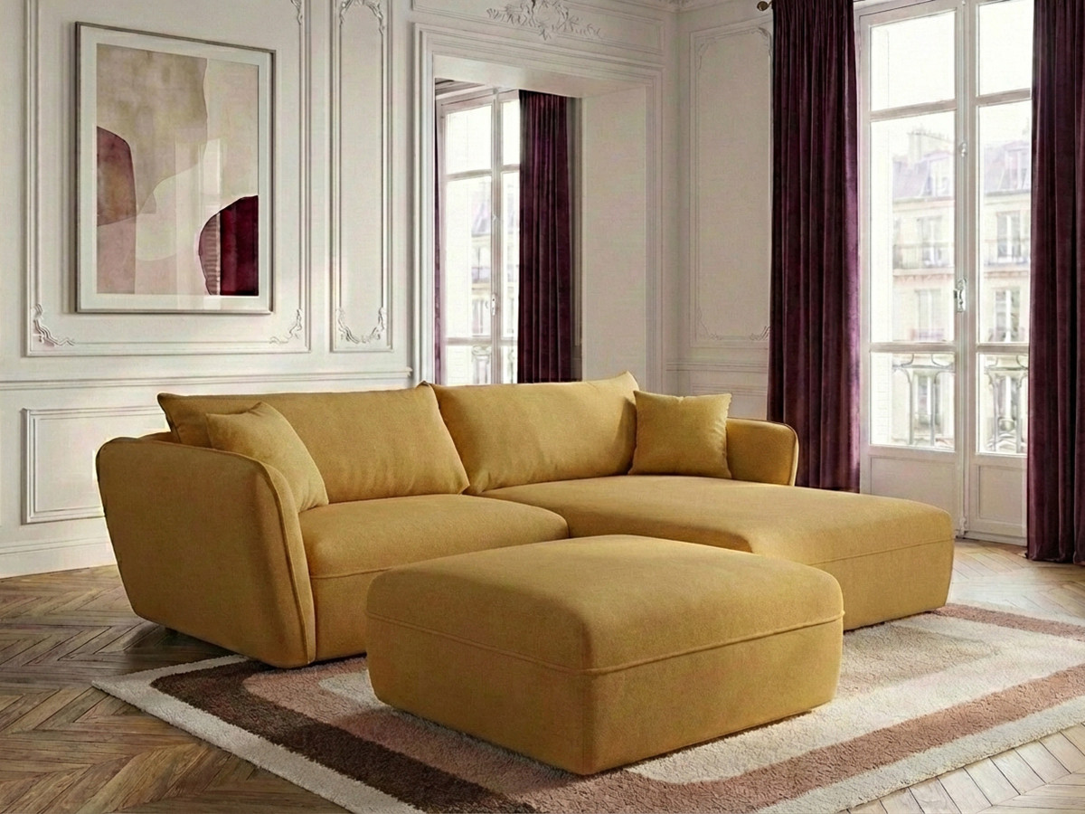 Bobochic Luigi Ecksofa mit Pouf Strukturstoff Gelb Ecke rechts