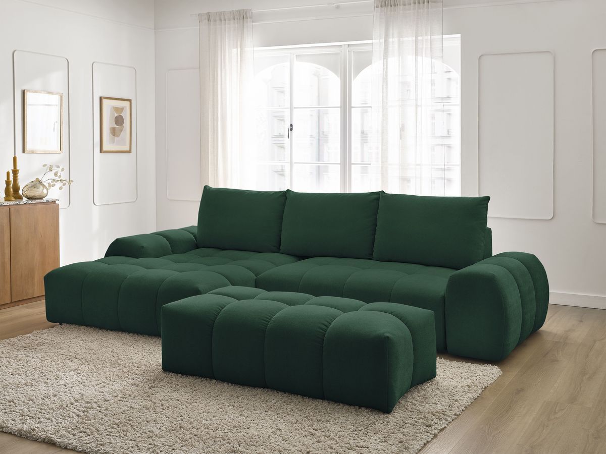 Bobochic Everest Ecksofa mit Schlaffunktion und Bettkasten und Pouf 318 × 180 cm, 3 Kissen Strukturstoff Grün Ecke links