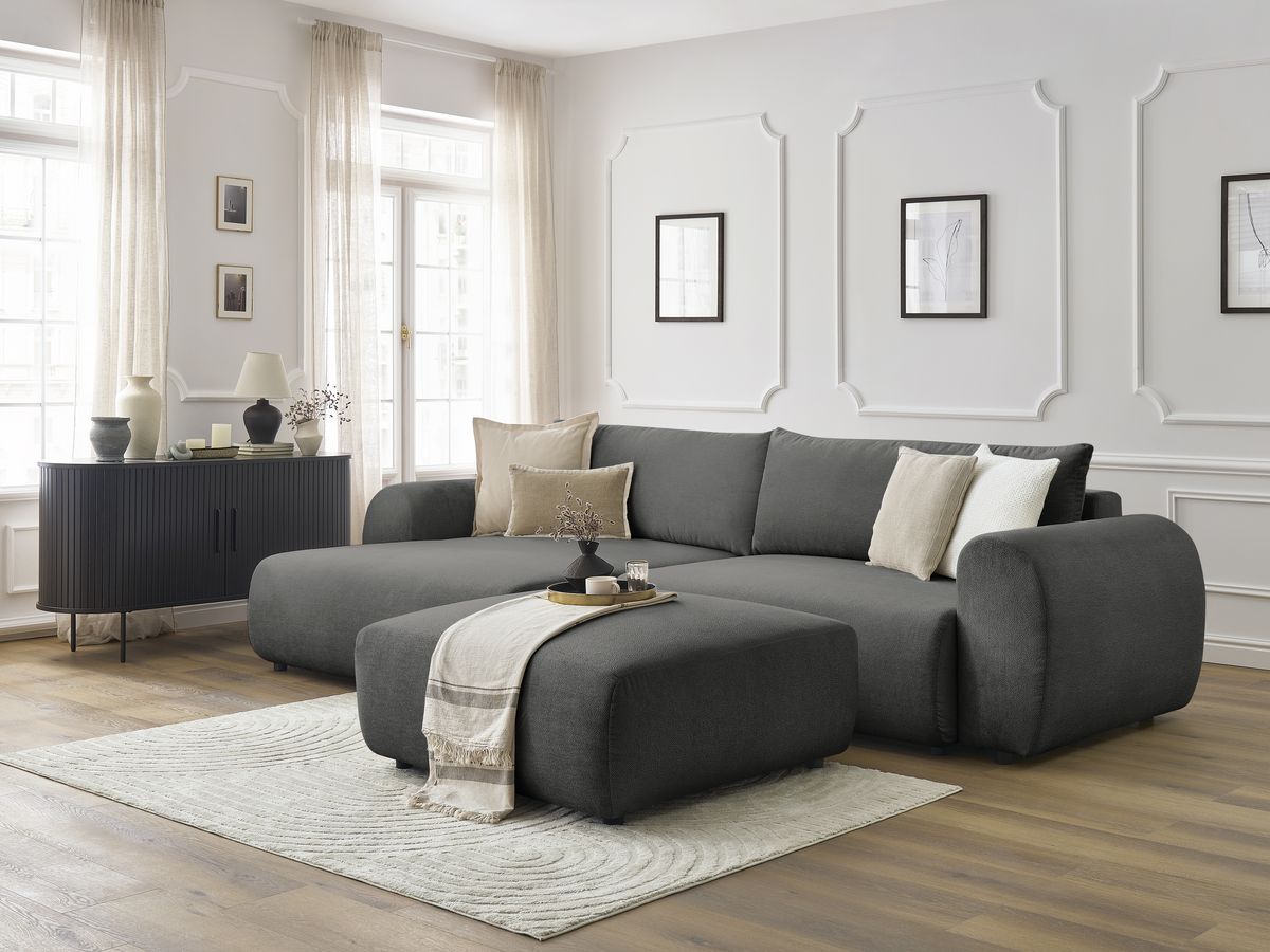 Bobochic Lucien Ecksofa mit Schlaffunktion und Bettkasten und Pouf 314 × 167 cm Stoff Dunkelgrau Ecke links