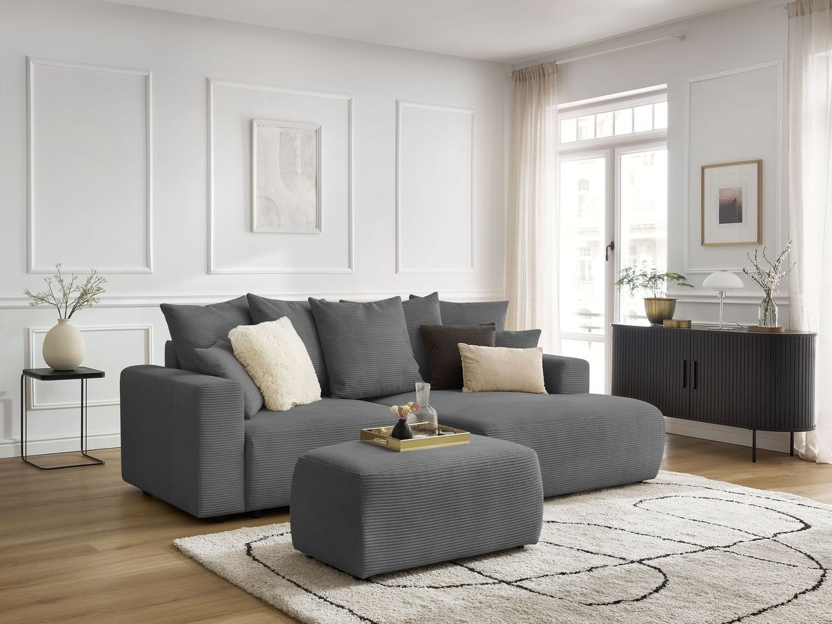 Bobochic Atilla Ecksofa mit Schlaffunktion und Bettkasten und Pouf Cordsamt Dunkelgrau Ecke rechts