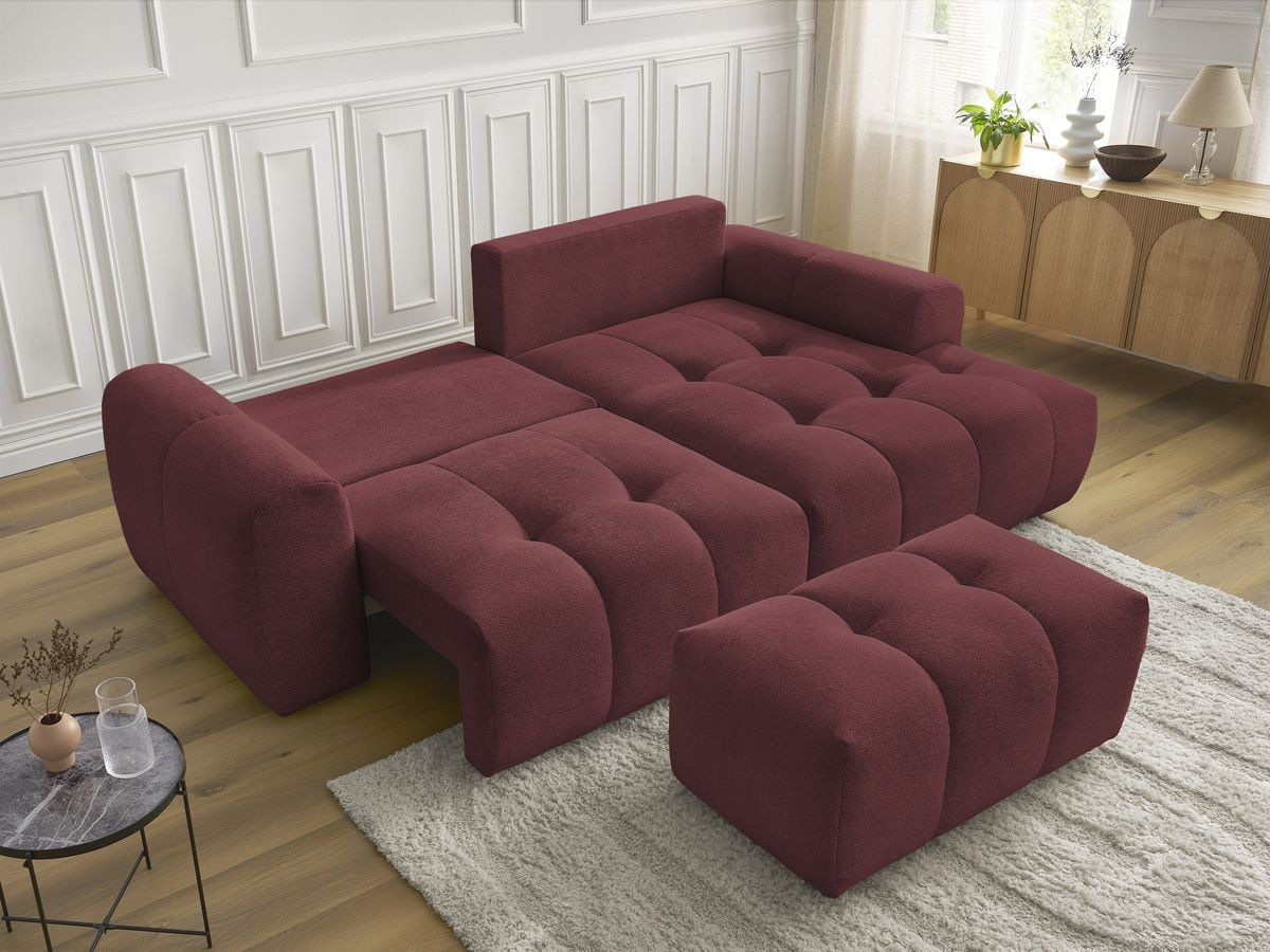 Bobochic Roxelane Ecksofa mit Schlaffunktion und Bettkasten und Pouf 258 × 150 cm Melange-Stoff Rot Ecke rechts