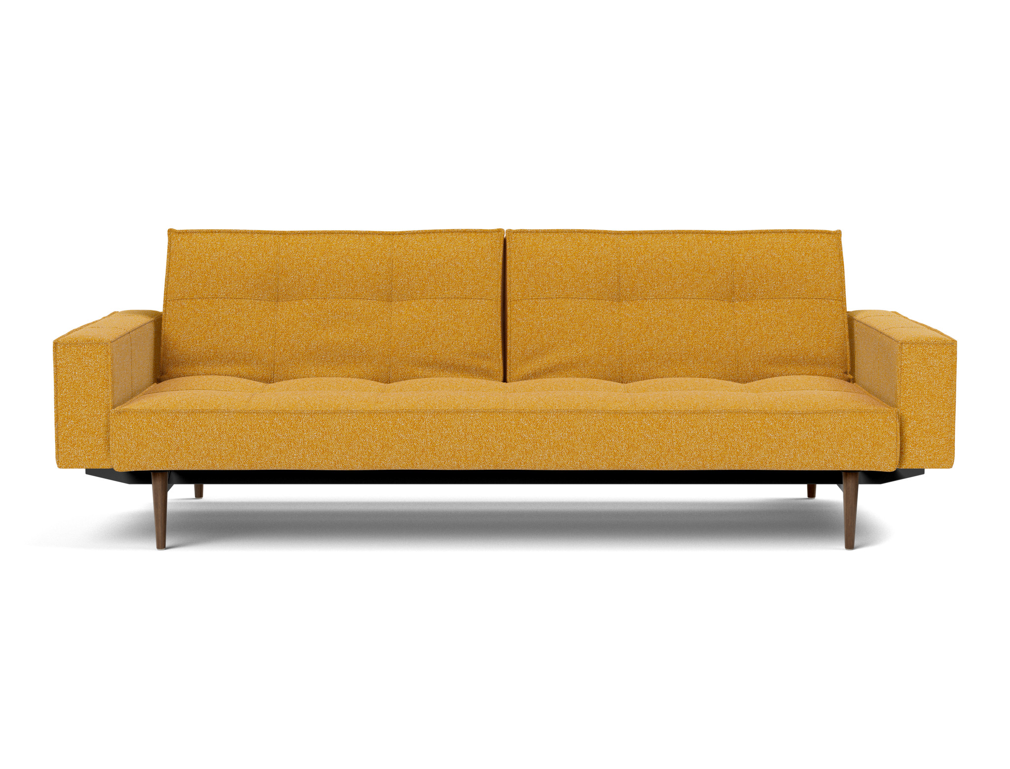 Schlafsofa Splitback mit Armlehnen Boucle Skandi 536-Ochre Beine Styletto Eiche dunkel
