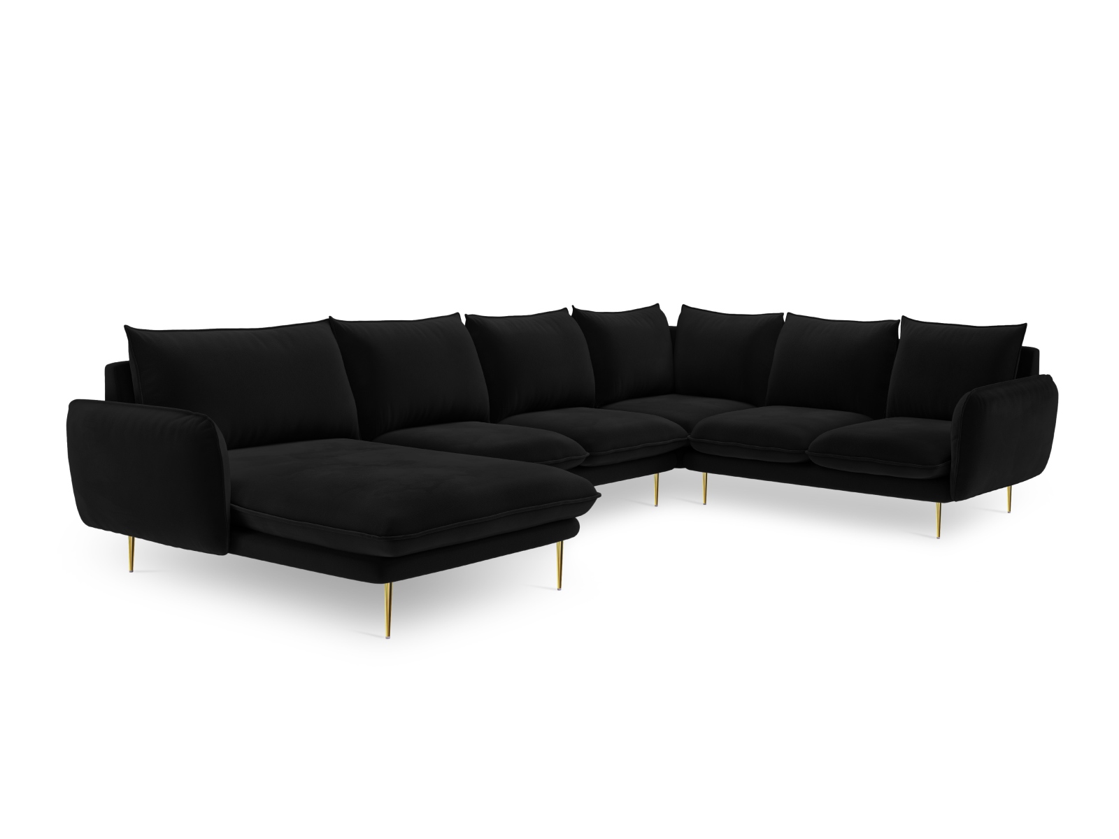 Cosmopolitan Design Panoramasofa Vienna 7-Sitzer Samt Bluvel Schwarz Rechts Beine Gold
