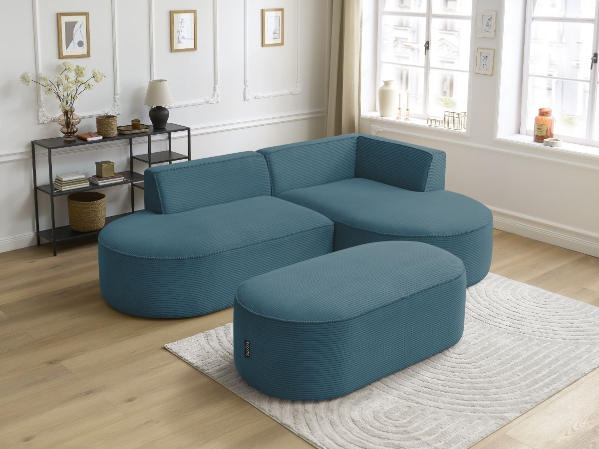 Bobochic Rousseau Ecksofa mit Pouf Cordsamt Dunkelblau Ecke rechts