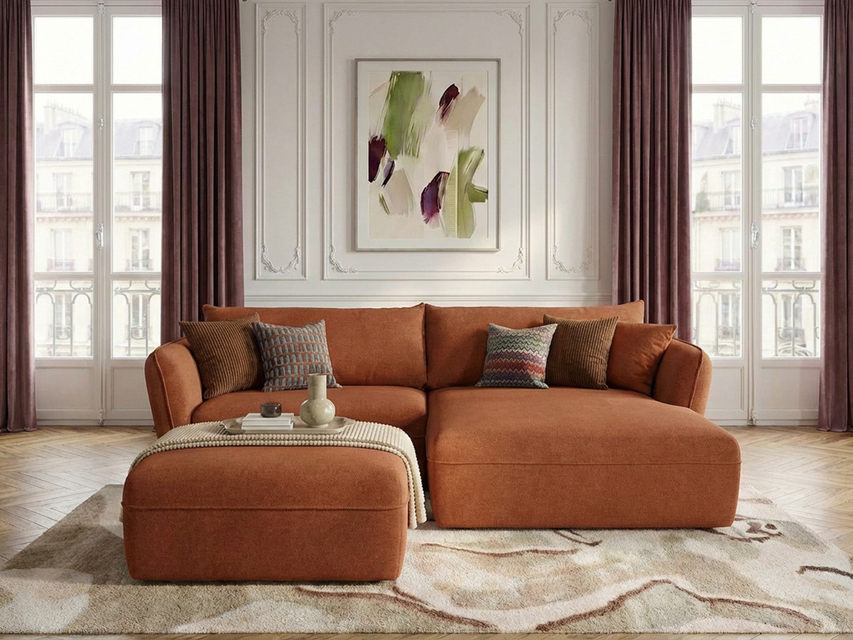 Bobochic Luigi Ecksofa mit Pouf Strukturstoff Orange Ecke rechts