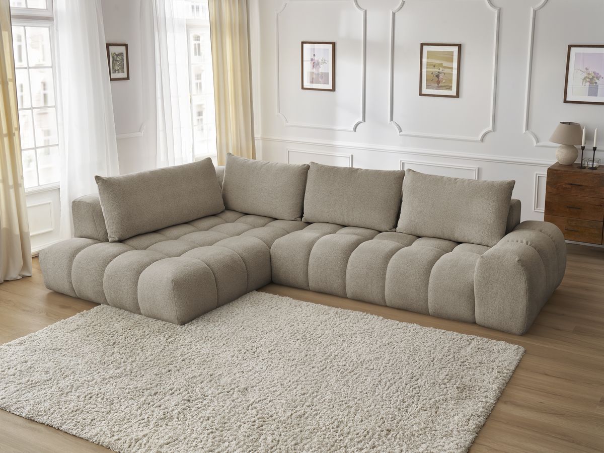 Bobochic Everest Ecksofa, 4 Kissen Melange-Stoff Taupe Ecke links