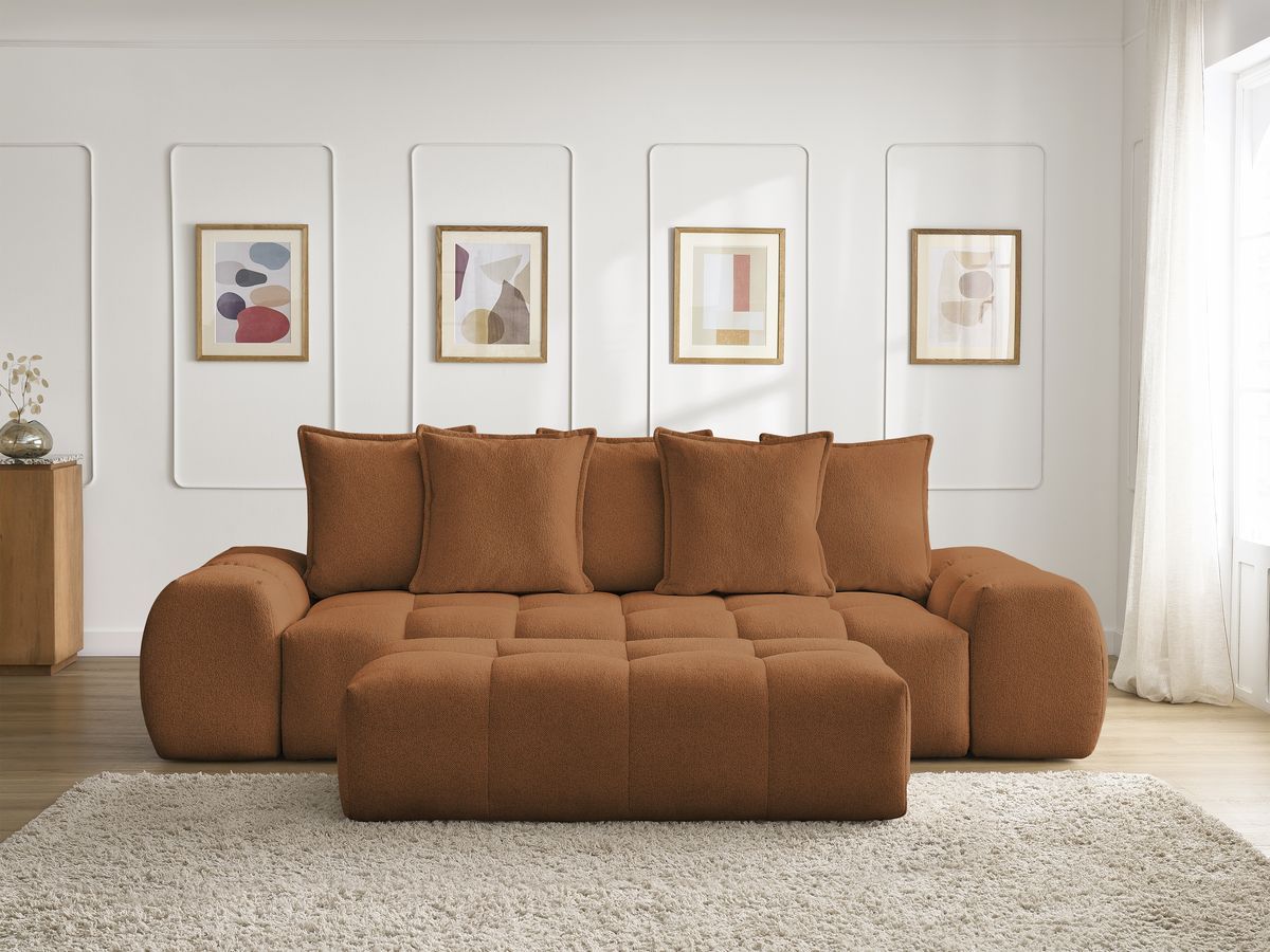 Bobochic Everest Schlafsofa 3-Sitzer mit Bettkasten und Pouf, 5 Kissen Melange-Stoff Orange