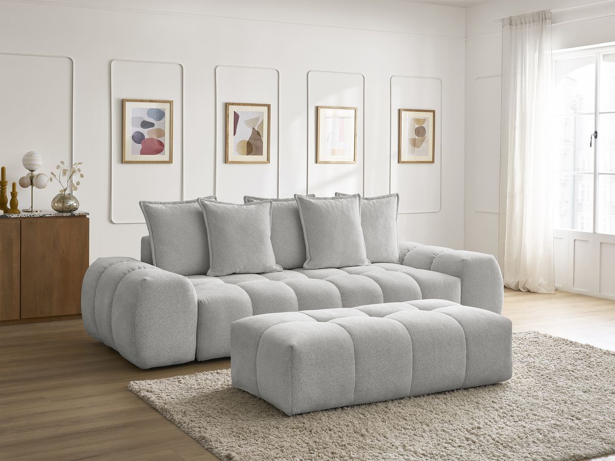 Bobochic Everest Schlafsofa 3-Sitzer mit Bettkasten und Pouf, 5 Kissen Melange-Stoff Hellgrau