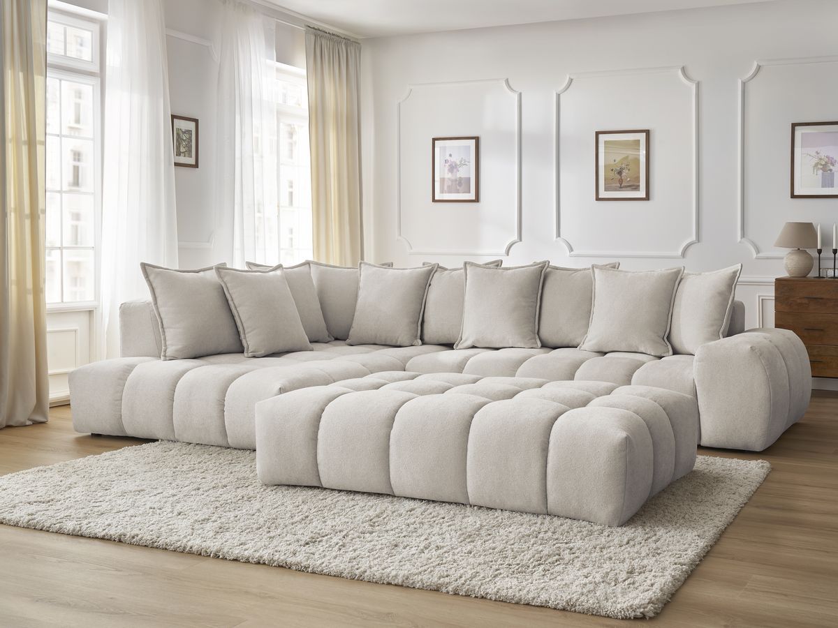 Bobochic Everest Ecksofa mit Schlaffunktion und Pouf, 10 Kissen Strukturstoff Beige Ecke links