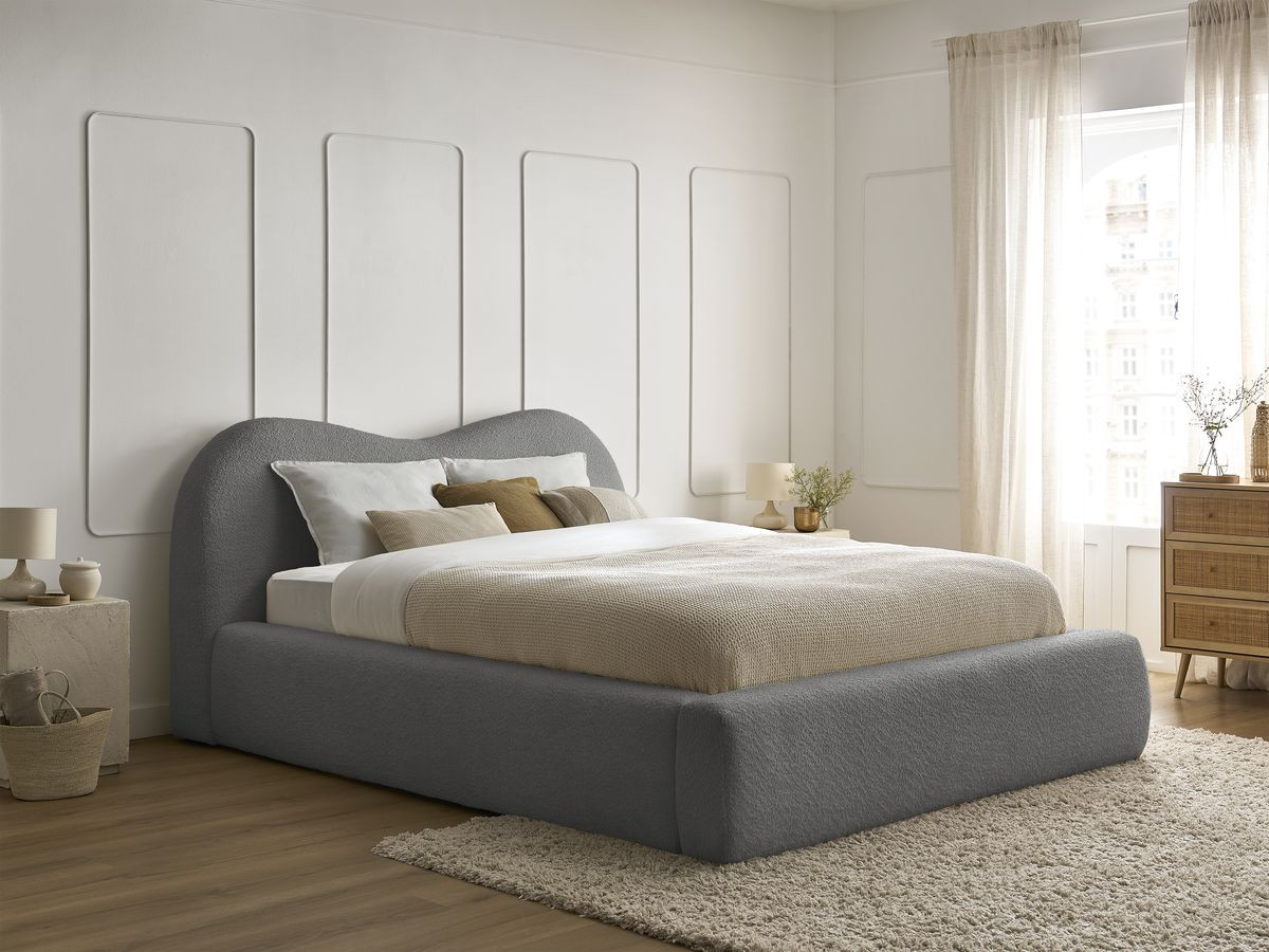 Bobochic Orlane Polsterbett mit Bettkasten Bouclé-Stoff Dunkelgrau, Liegefläche 140 × 190 cm