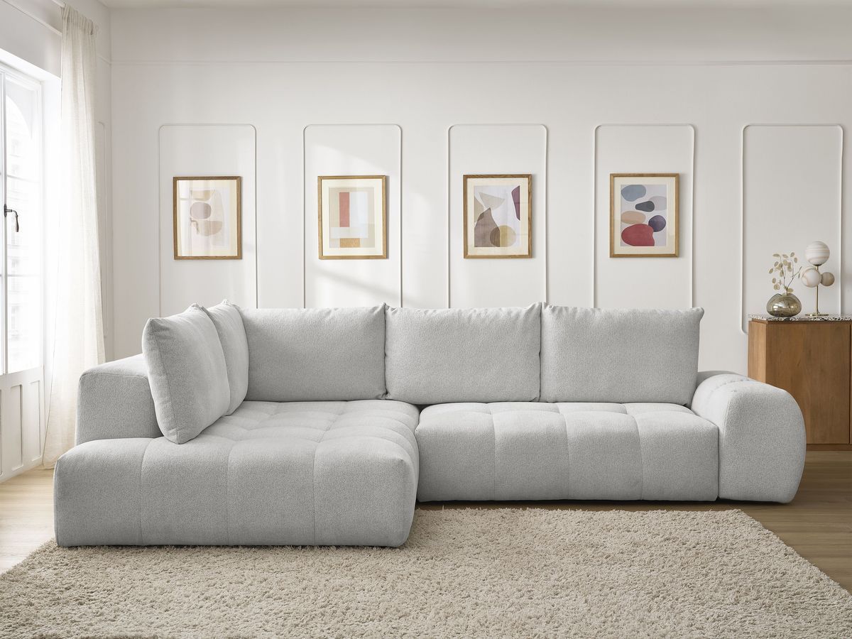 Bobochic Everest Ecksofa mit Schlaffunktion und Bettkasten 320 × 212 cm, 5 Kissen Melange-Stoff Hellgrau Ecke links