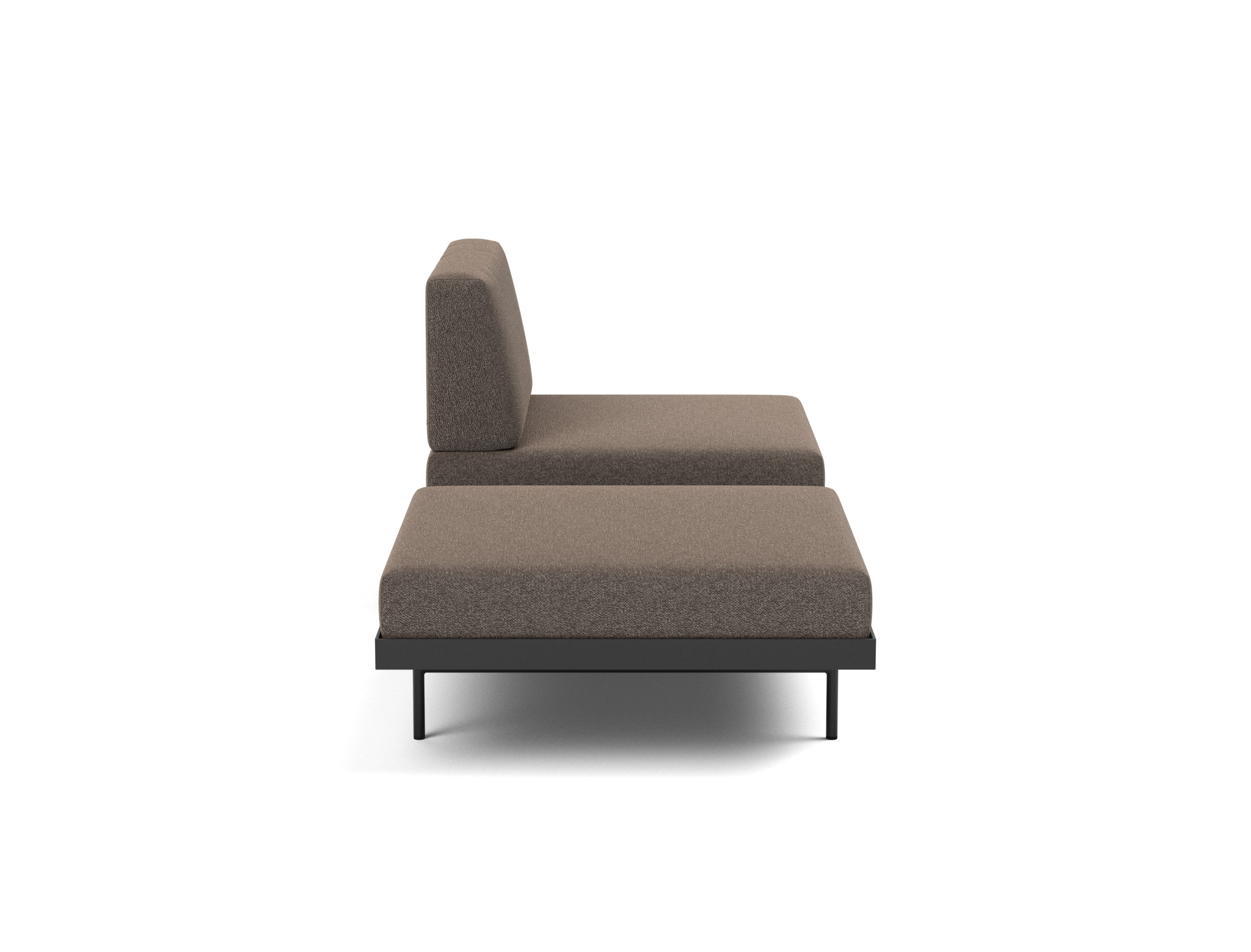 Tagesbett Puri Boucle Skandi 530-Taupe Beine mit Nussbaumtisch