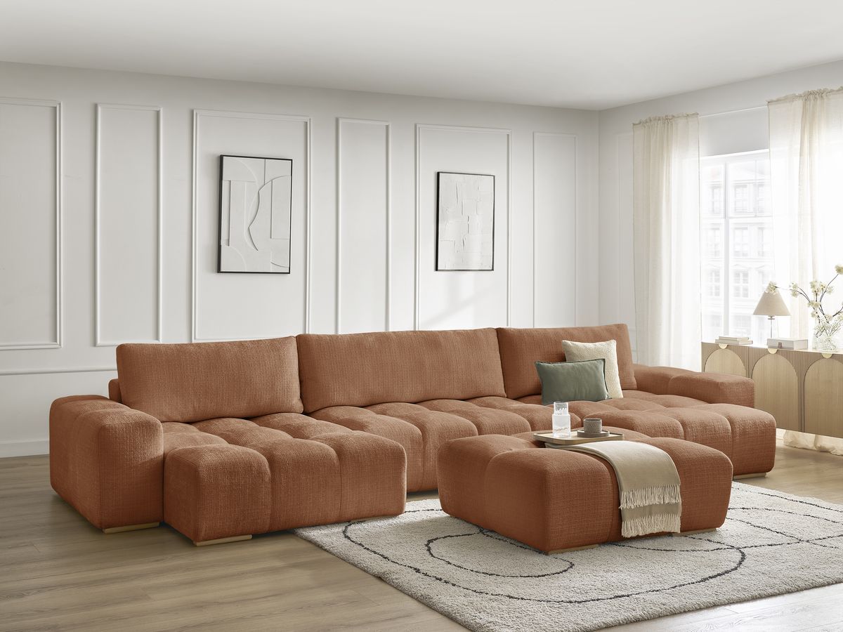 Bobochic Anakin Wohnlandschaft mit Pouf, 3 Kissen Strukturstoff Orange