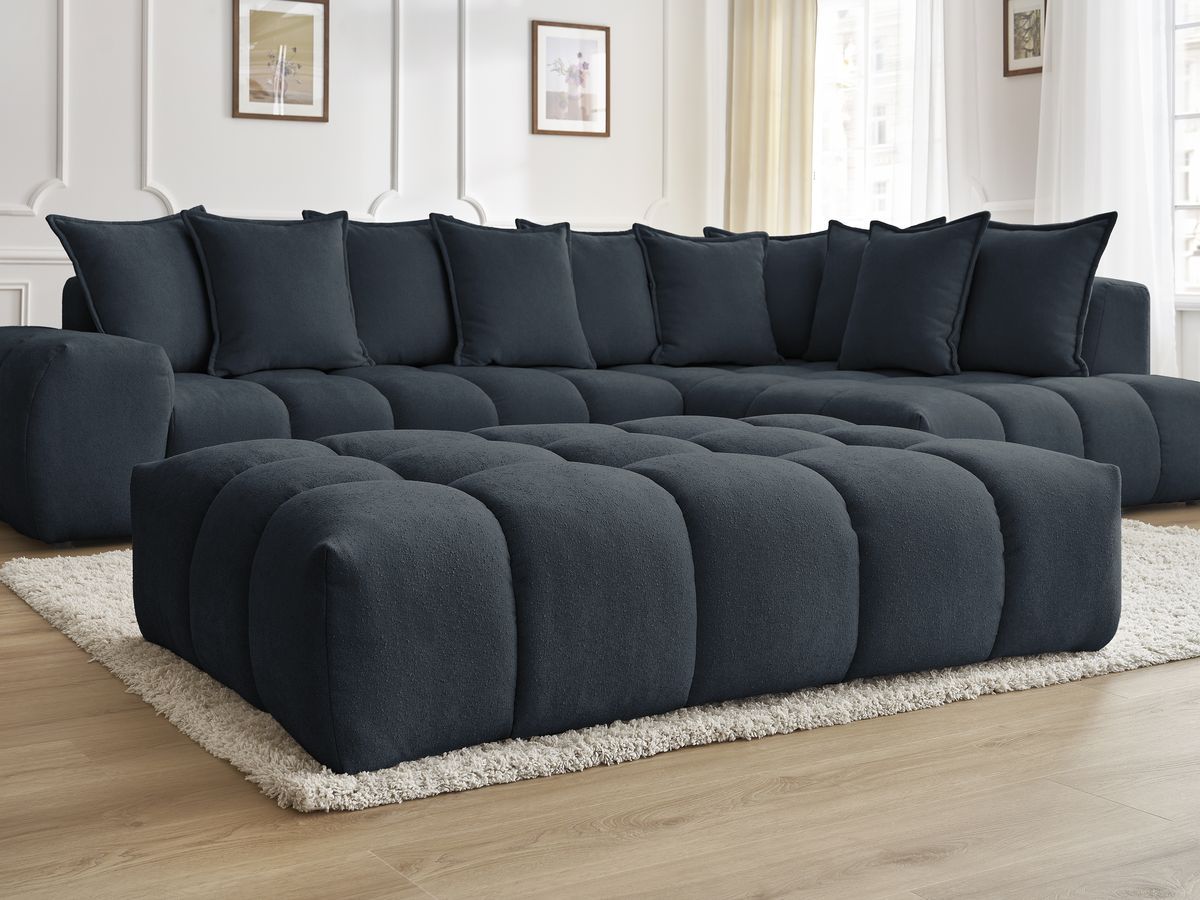 Bobochic Everest Ecksofa mit Schlaffunktion und Pouf, 10 Kissen Strukturstoff Dunkelblau Ecke rechts