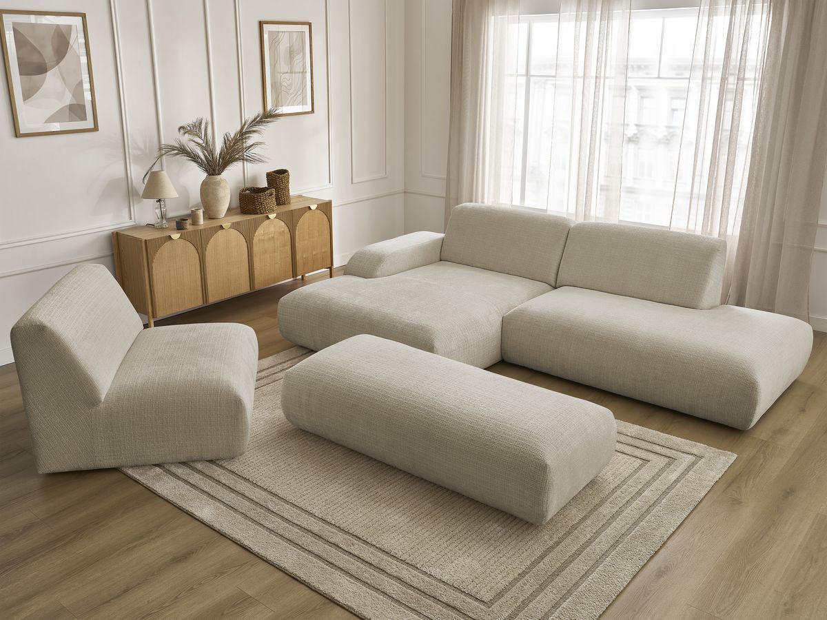 Bobochic Sirius Ecksofa mit Pouf 405 × 170 cm Strukturstoff Beige Ecke links