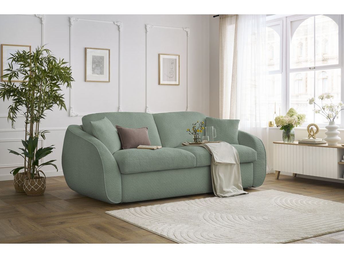 Bobochic Cezanne Schlafsofa 3-Sitzer Bouclé-Stoff Grün, Liegefläche 140 × 194 cm