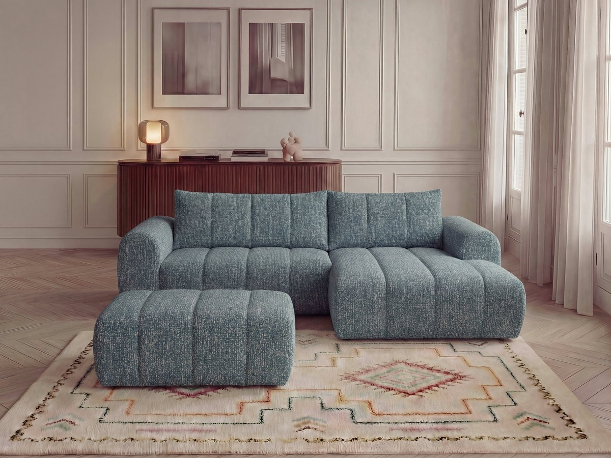 Bobochic Nesty Ecksofa 272 cm mit Pouf Melange-Stoff Blau Ecke rechts