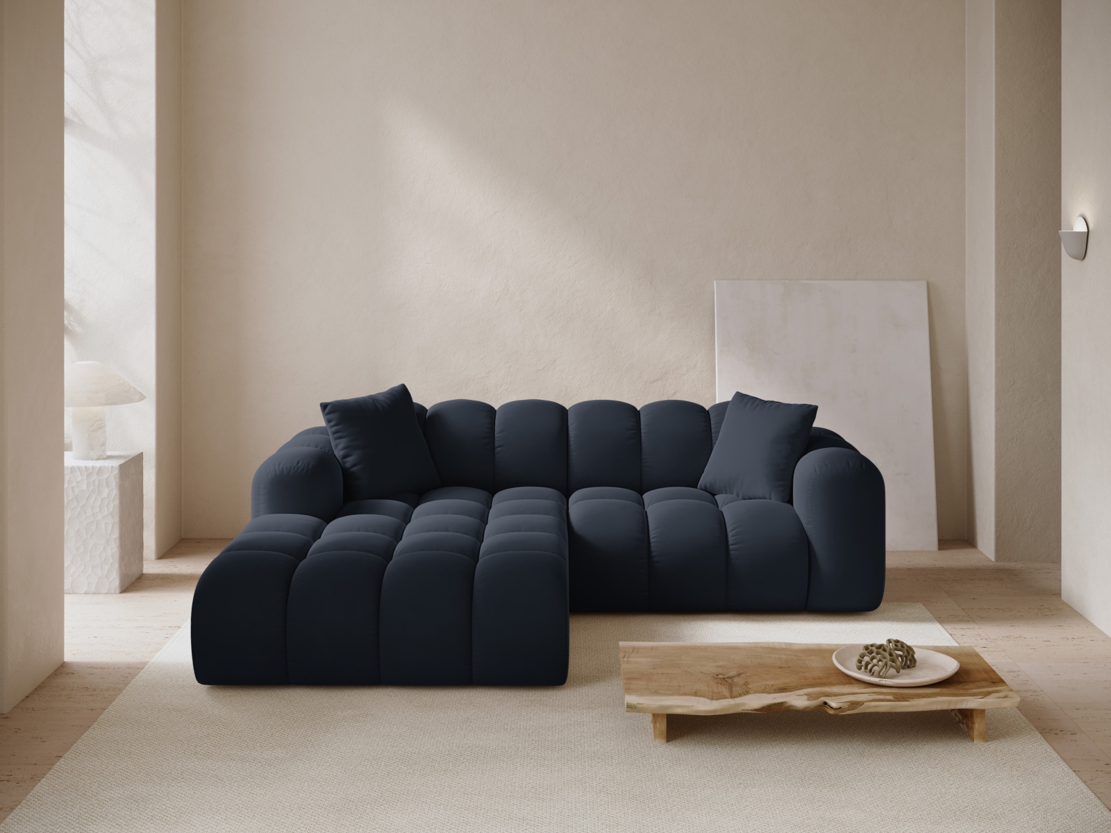 Cosmopolitan Design Ecksofa Treno 3-Sitzer Samt Bluvel Dunkelblau Links