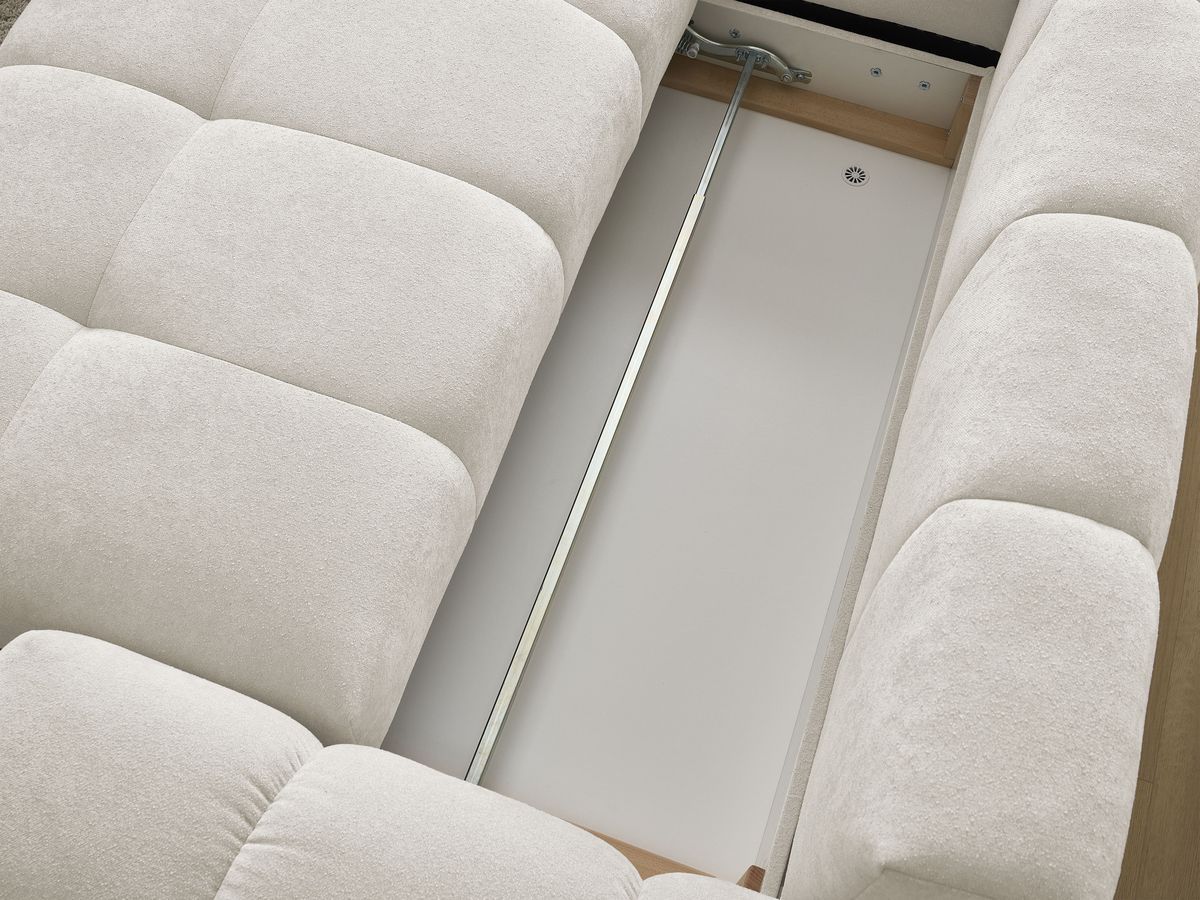 Bobochic Everest Ecksofa mit Schlaffunktion und Bettkasten und Pouf 320 × 212 cm, 10 Kissen Strukturstoff Weiß Ecke links