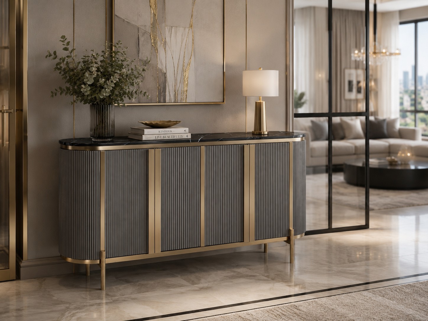 Livin Hill Sideboard Stilig Riffelfront 160 cm Schwarz, Platte Marmoroptik