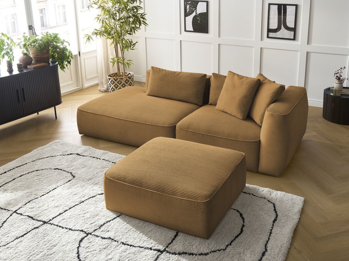 Bobochic Leopold Sofa 4-Sitzer mit Pouf Cordsamt Gelb Armlehne rechts