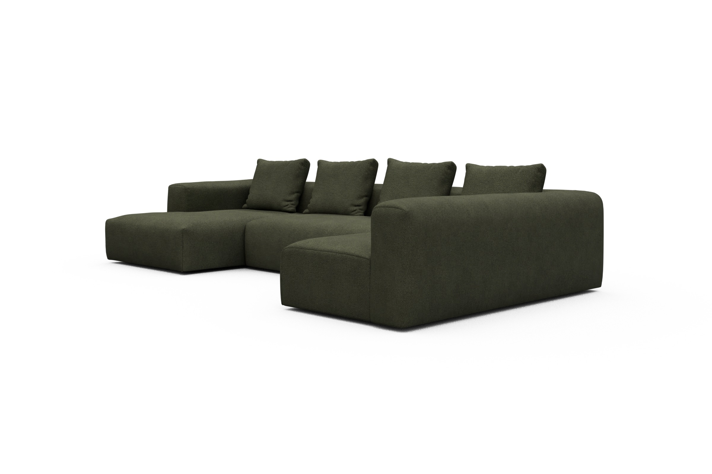 Wohnlandschaft Fred Chaiselongue links mit 2-Sitzer und lange Armlehne rechts Boucle-Forest-Green