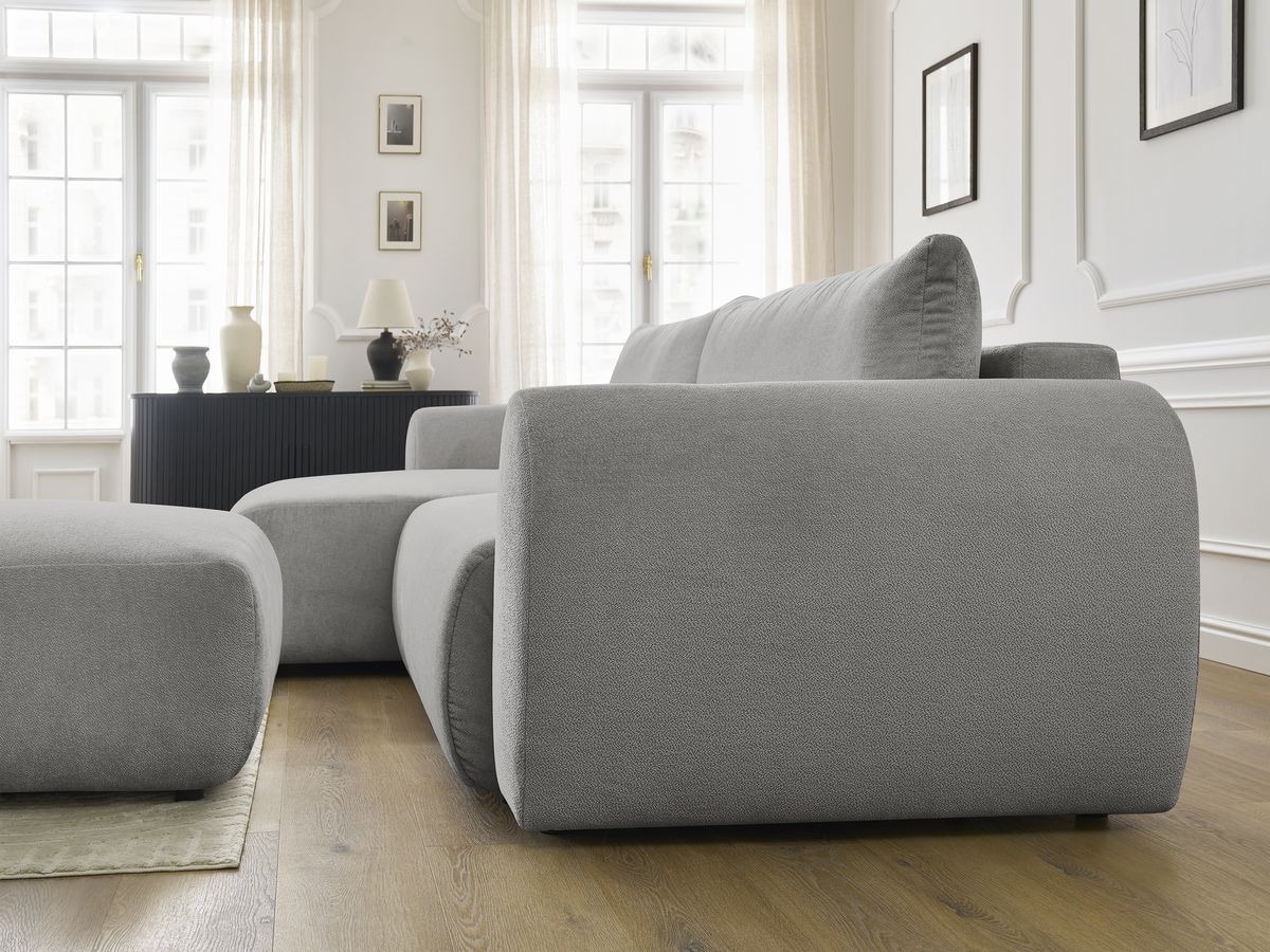 Bobochic Lucien Ecksofa mit Schlaffunktion und Bettkasten und Pouf 314 × 167 cm Stoff Hellgrau Ecke links