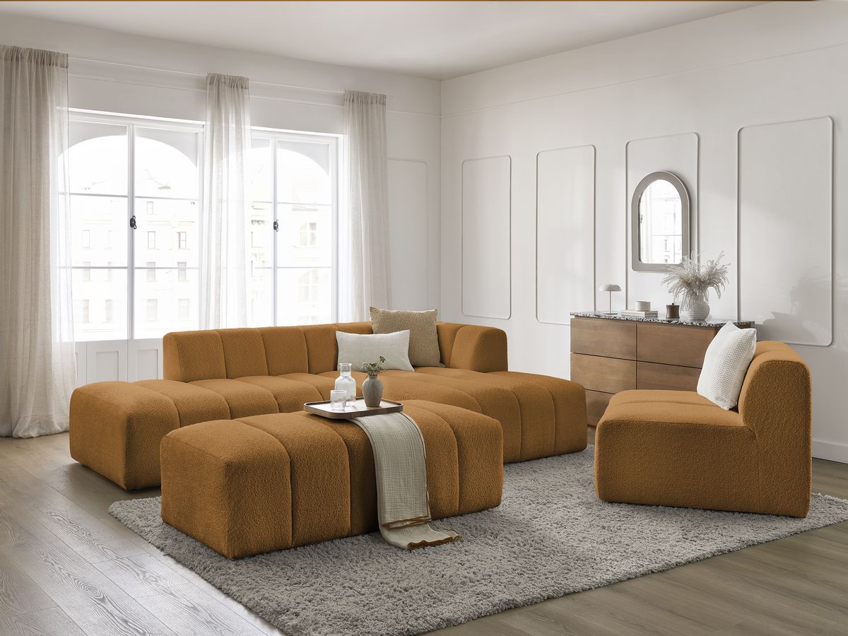 Bobochic Annecy Ecksofa mit Sofamodul und Pouf Bouclé-Stoff Gelb Ecke rechts