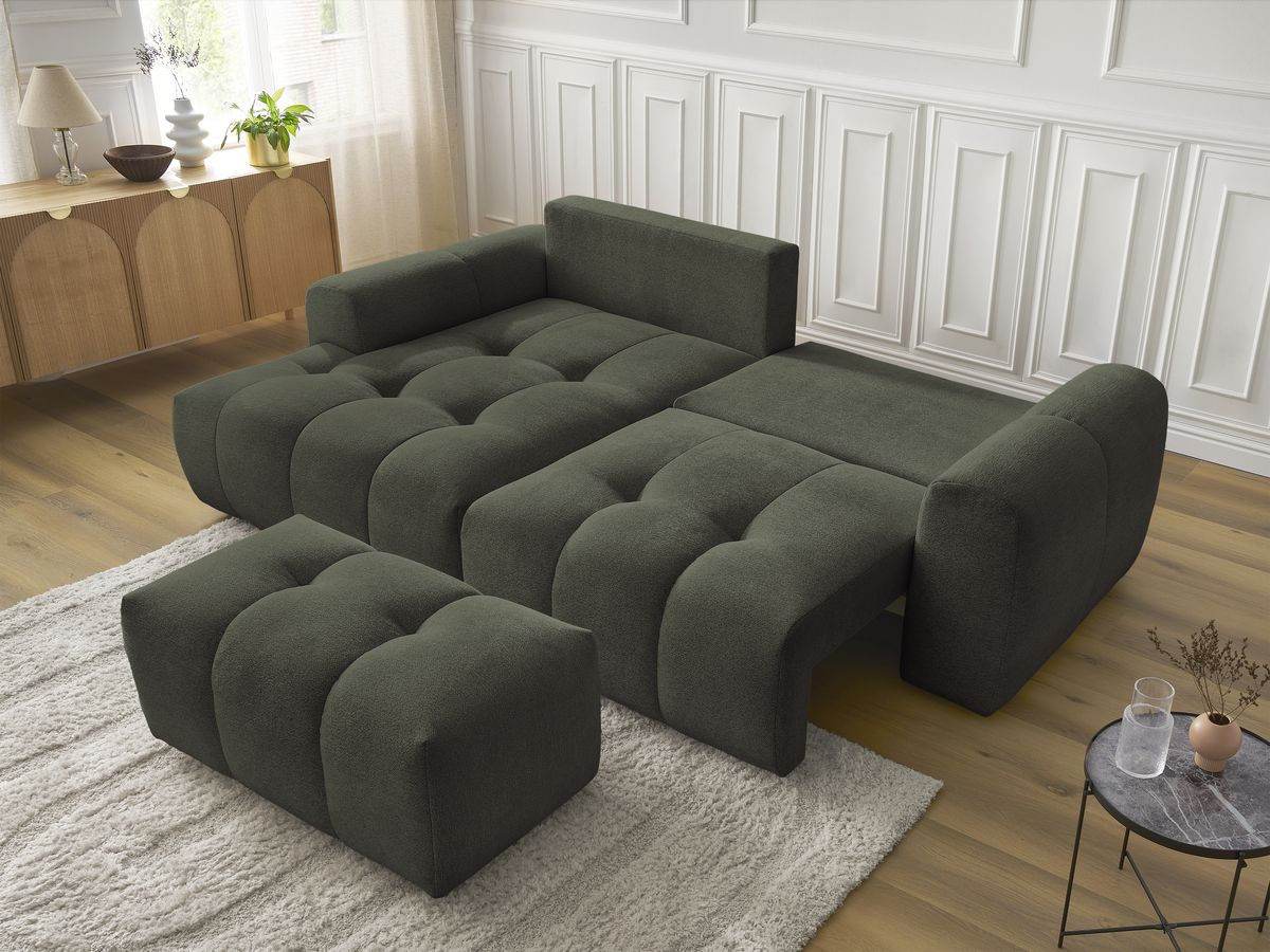 Bobochic Roxelane Ecksofa mit Schlaffunktion und Bettkasten und Pouf 258 × 150 cm Melange-Stoff Grün Ecke links