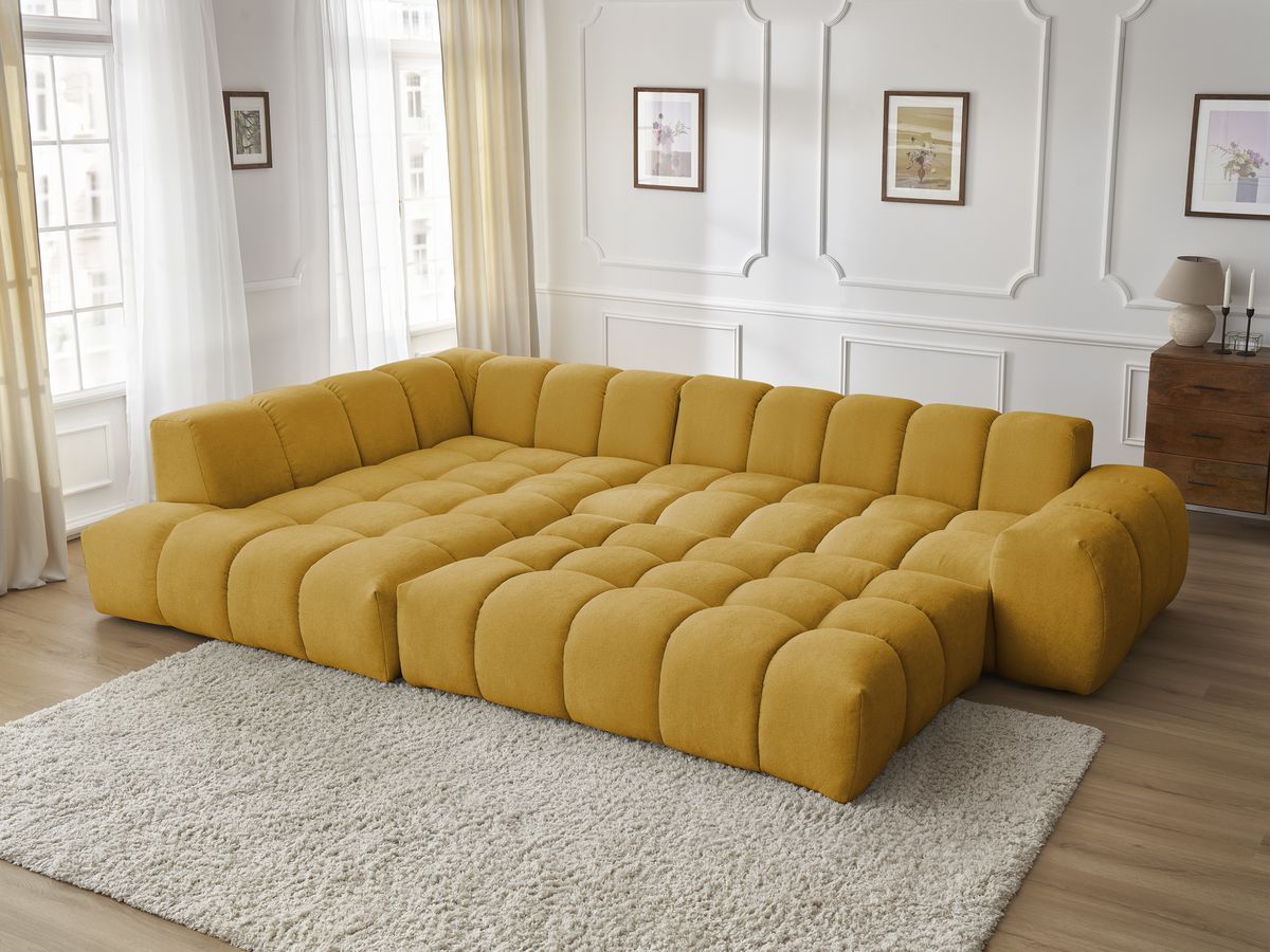 Bobochic Everest Ecksofa mit Schlaffunktion und Pouf, 4 Kissen Strukturstoff Gelb Ecke links