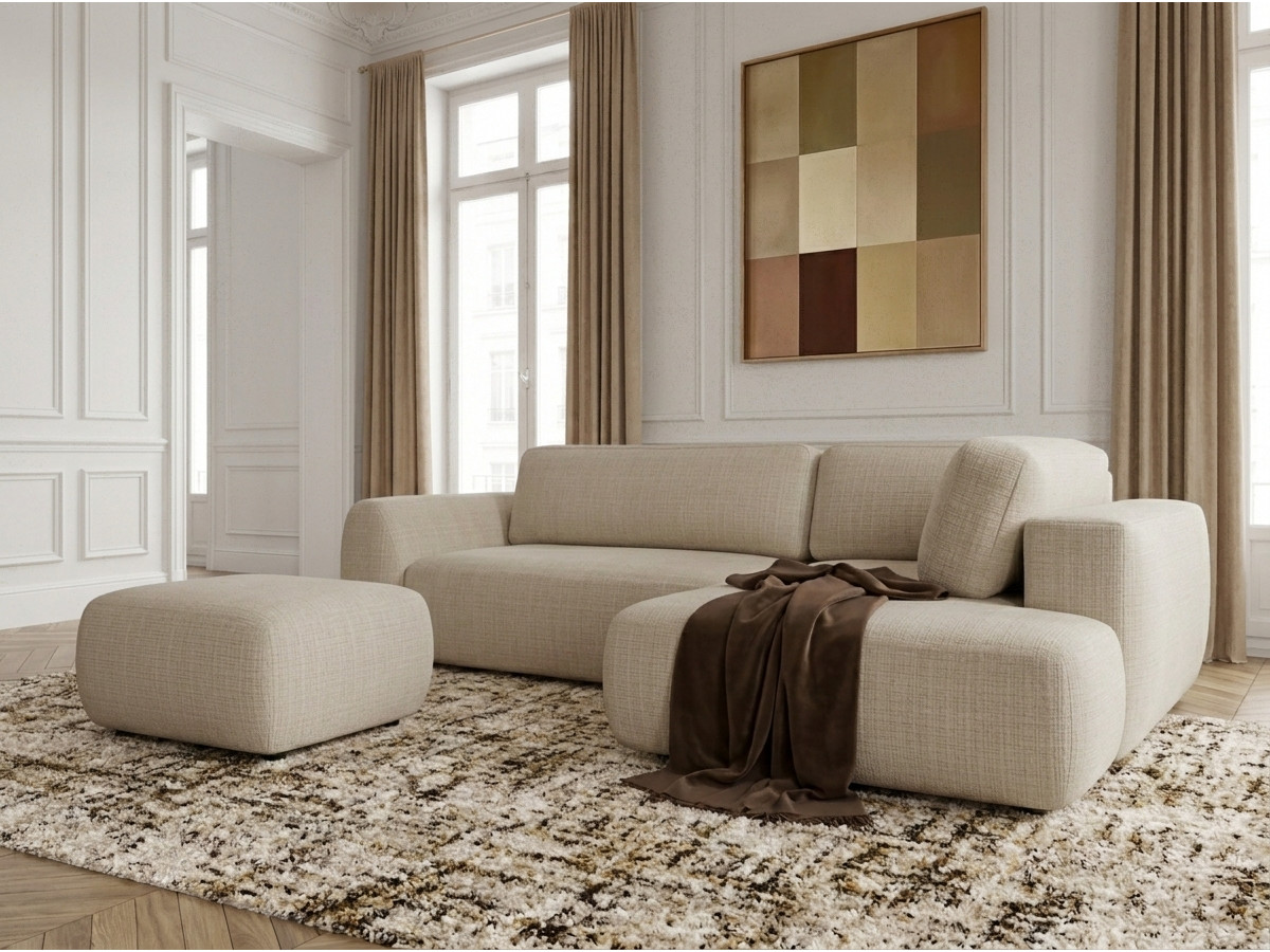 Bobochic Denise Ecksofa mit Schlaffunktion und Bettkasten und Pouf 256 × 197 cm Strukturstoff Beige Ecke rechts