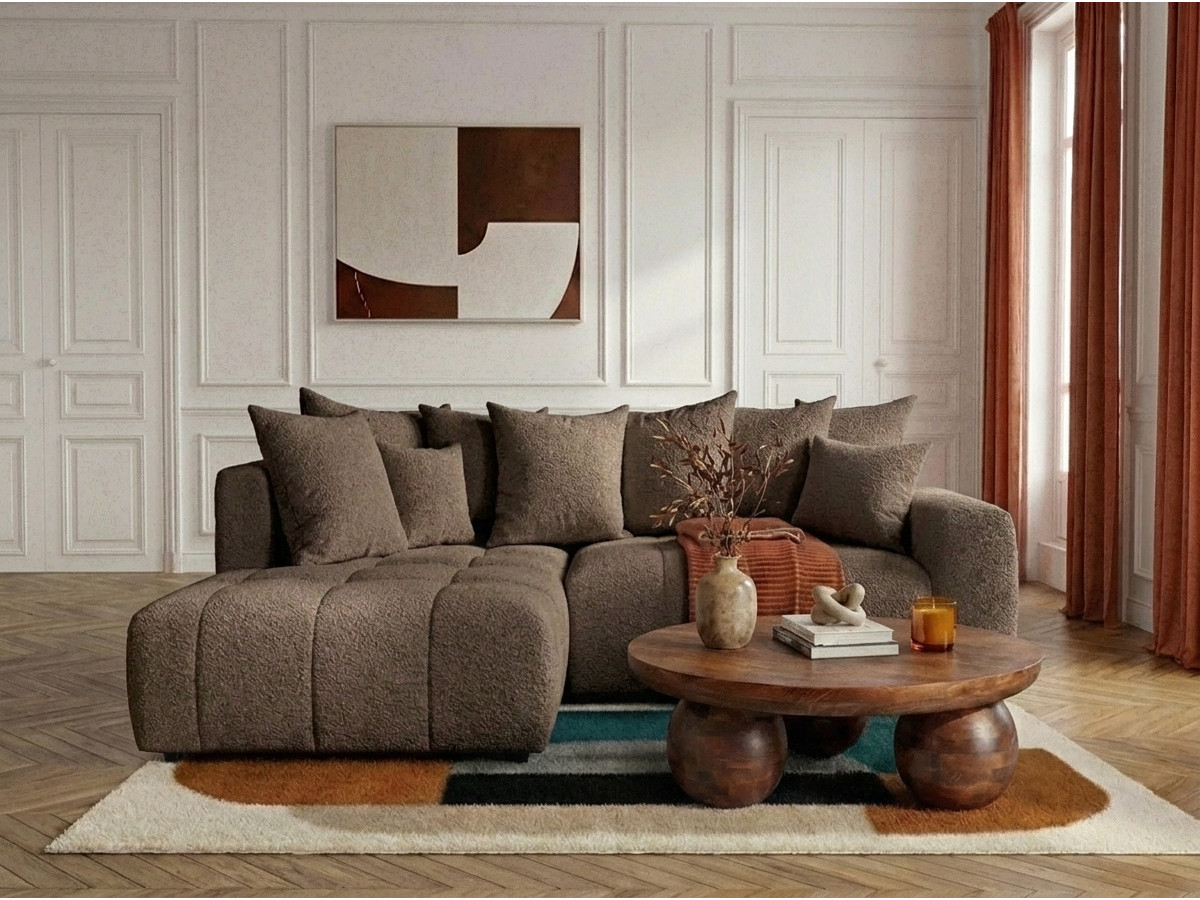 Bobochic Roxelane Ecksofa mit Schlaffunktion und Bettkasten Bouclé-Stoff Braun Ecke links