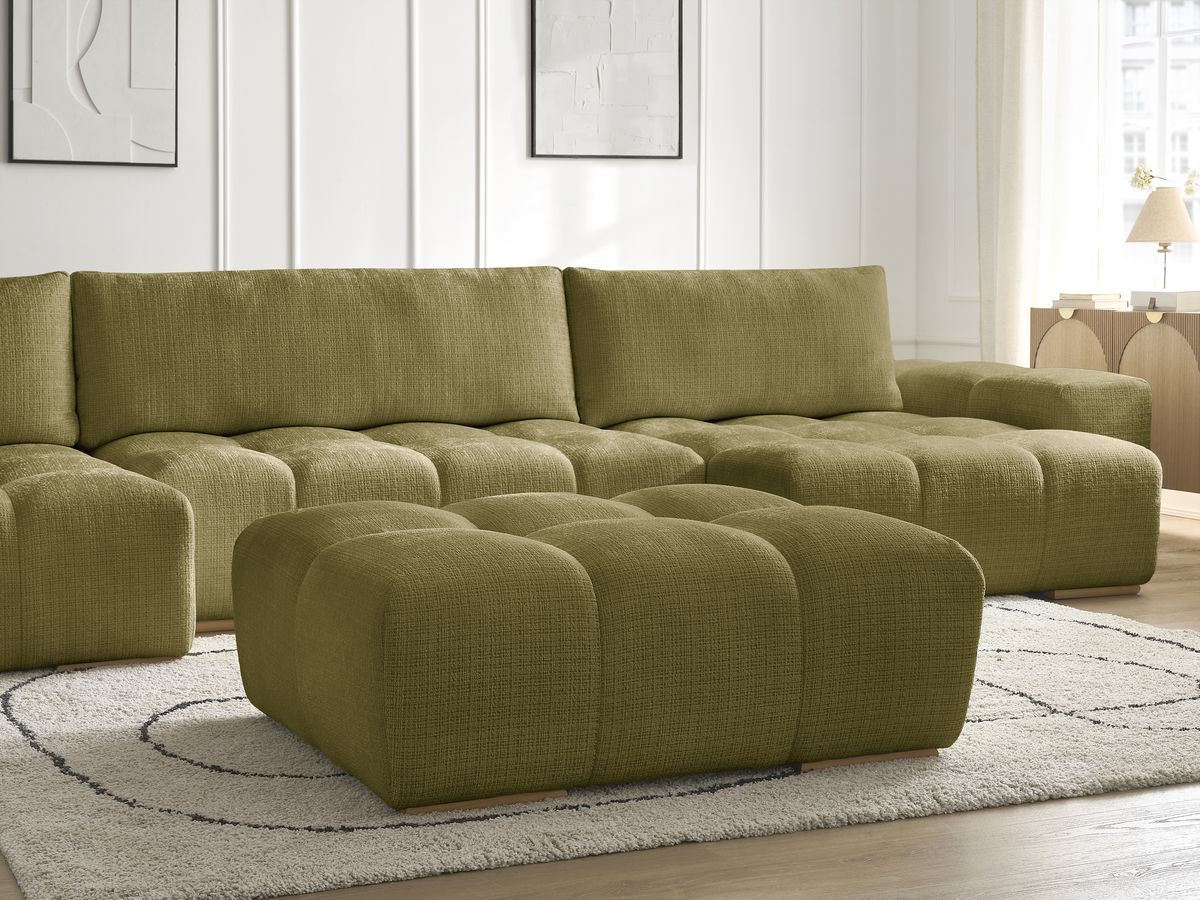 Bobochic Anakin Wohnlandschaft mit Pouf, Liegefläche 137 × 382 cm, 3 Kissen Strukturstoff Grün