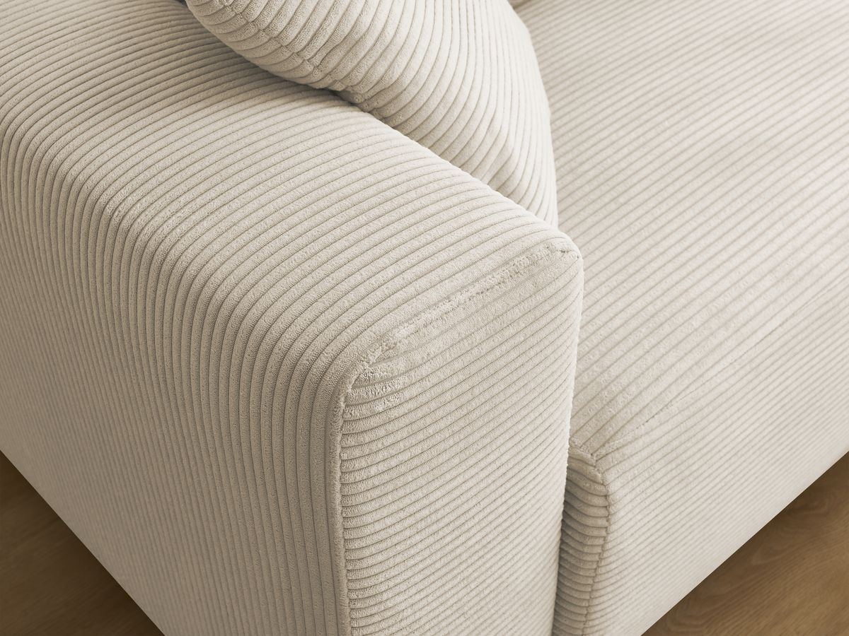 Bobochic Atilla Ecksofa mit Schlaffunktion und Bettkasten und Pouf Cordsamt Beige Ecke rechts