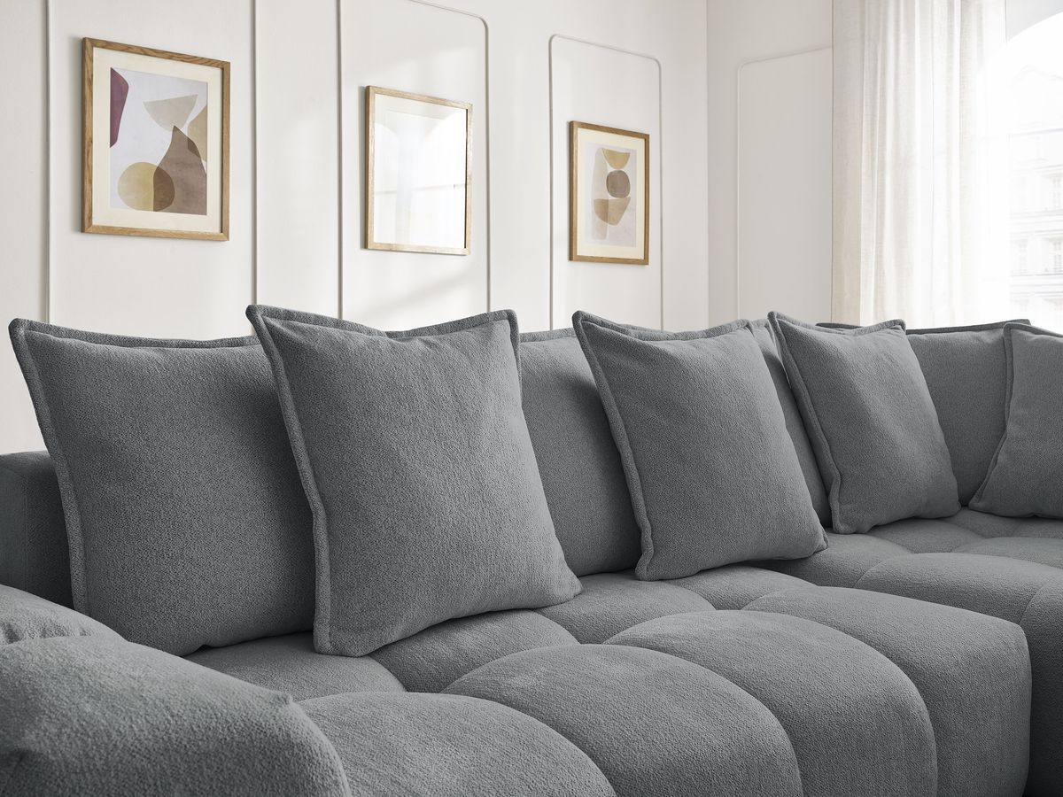 Bobochic Everest Ecksofa mit Schlaffunktion und Bettkasten 320 × 212 cm, 10 Kissen Melange-Stoff Dunkelgrau Ecke rechts