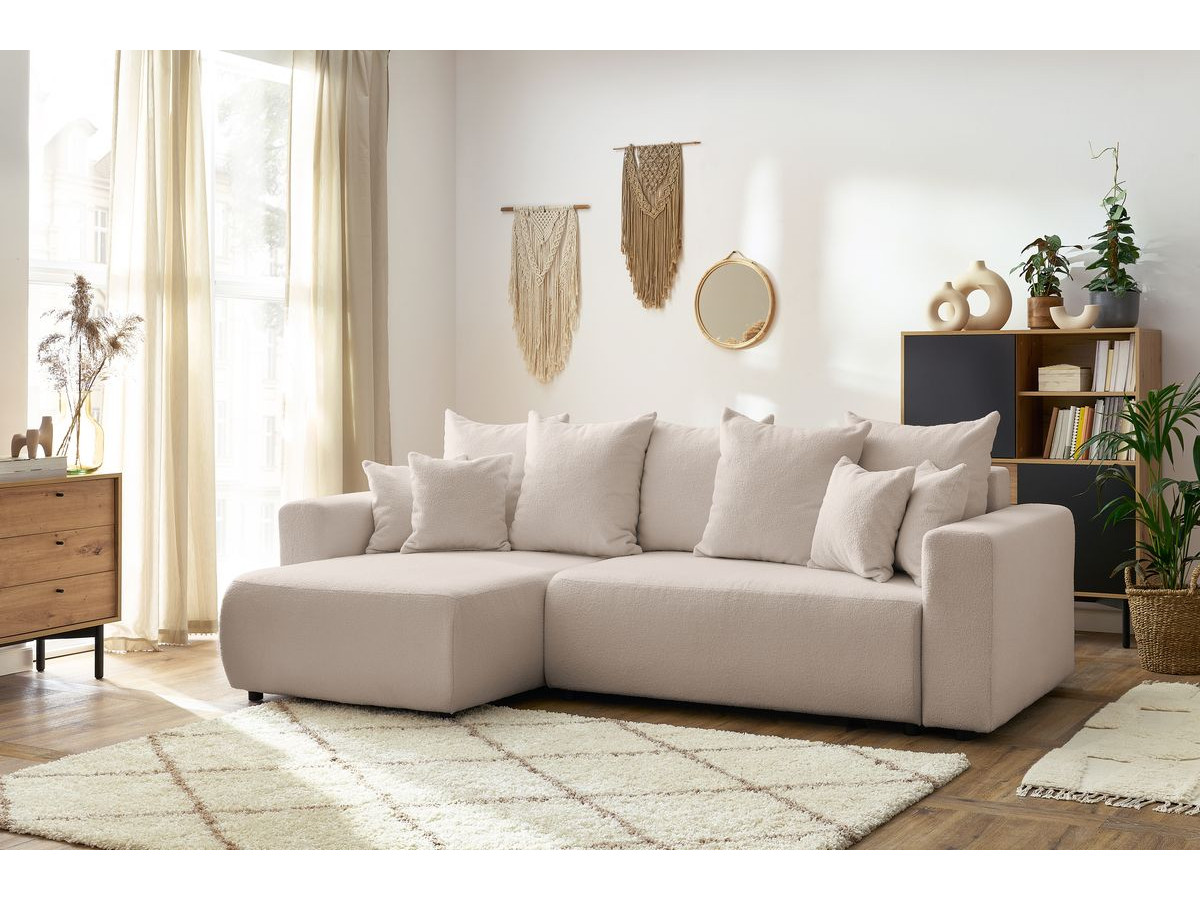 Bobochic Envy Ecksofa mit Schlaffunktion und Bettkasten Bouclé-Stoff Beige