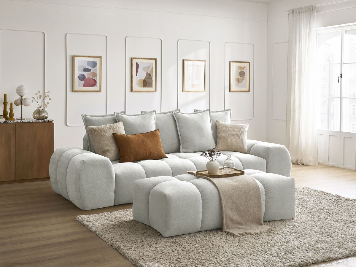 Bobochic Everest Schlafsofa 3-Sitzer mit Bettkasten und Pouf, 5 Kissen Strukturstoff Hellgrau