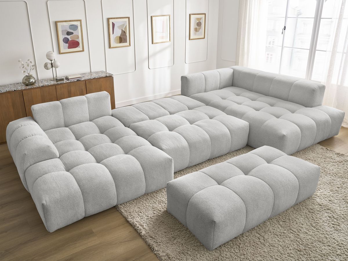 Bobochic Everest Wohnlandschaft mit Pouf, 14 Kissen Melange-Stoff Hellgrau Ecke links